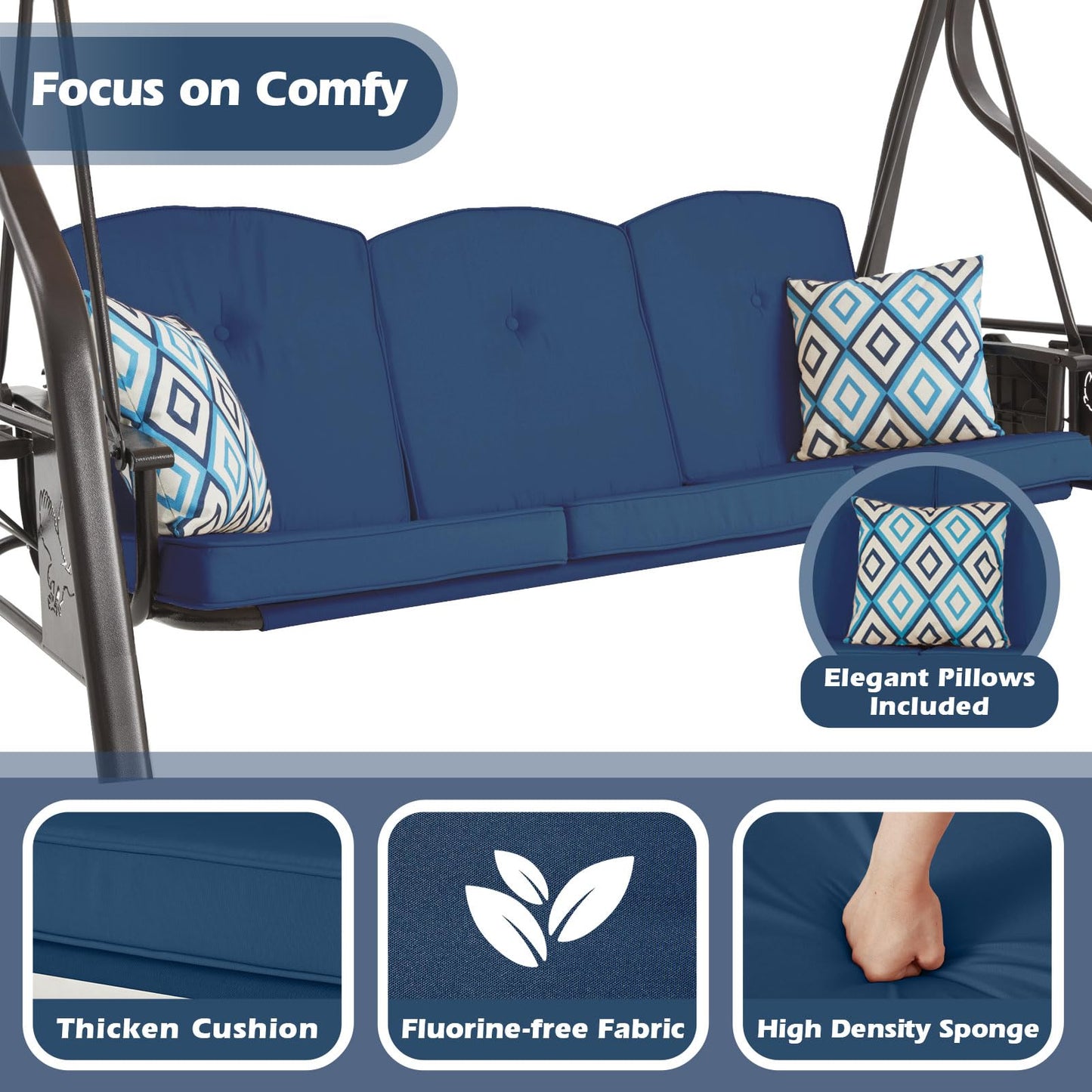 ZZW 3-Seat Outdoor Porch Swing with Stand, Patio Swing with Canopy, 2 in 1 Porch Swing Bed & Patio Swing Chair for Adult w/Extra Pillows and Cup Holder for Yard (Blue)