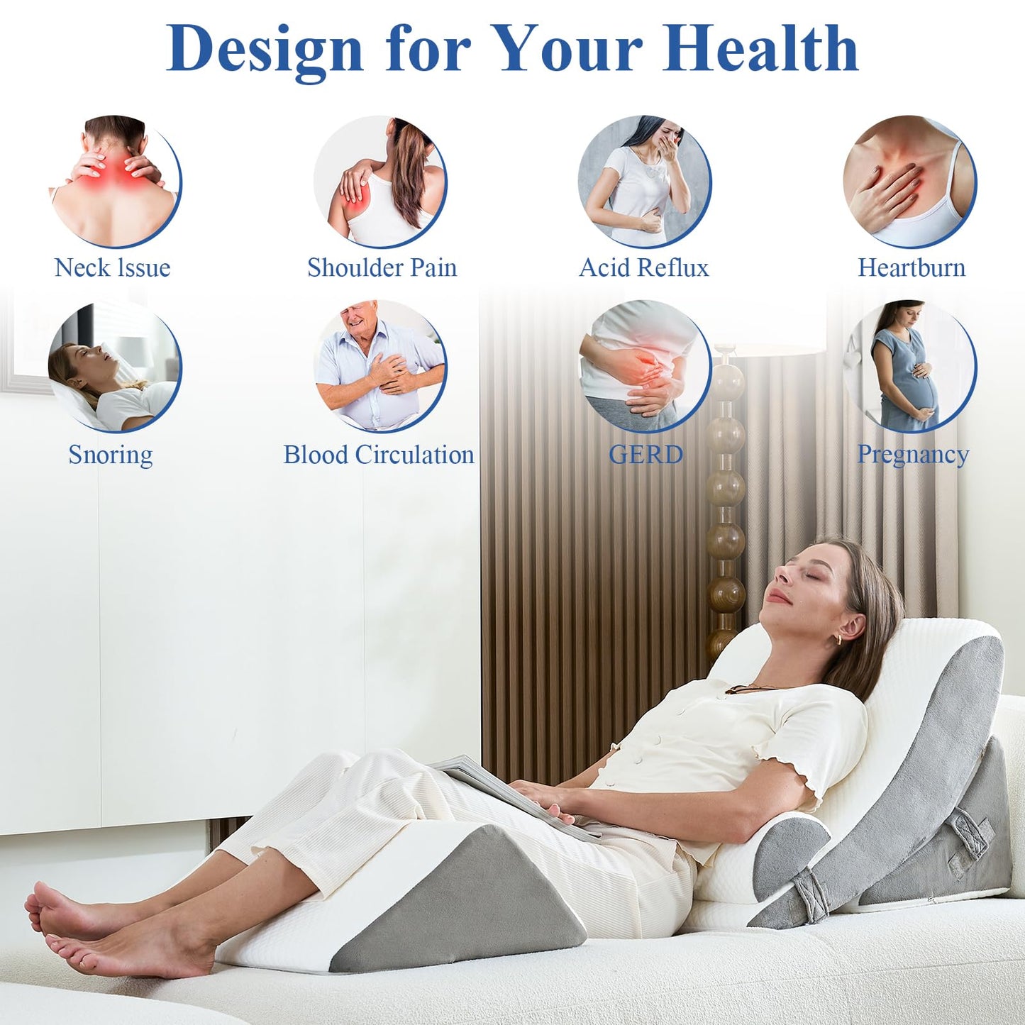 4PCS Orthopedic Bed Wedge Pillow Set, Post Surgery 45D Memory Foam for Back, Neck, and Leg Pain Relief Pleasing & Adjustable Support Pillows-Ease Acid Reflux & GRED with Better Sleep,White Light Grey