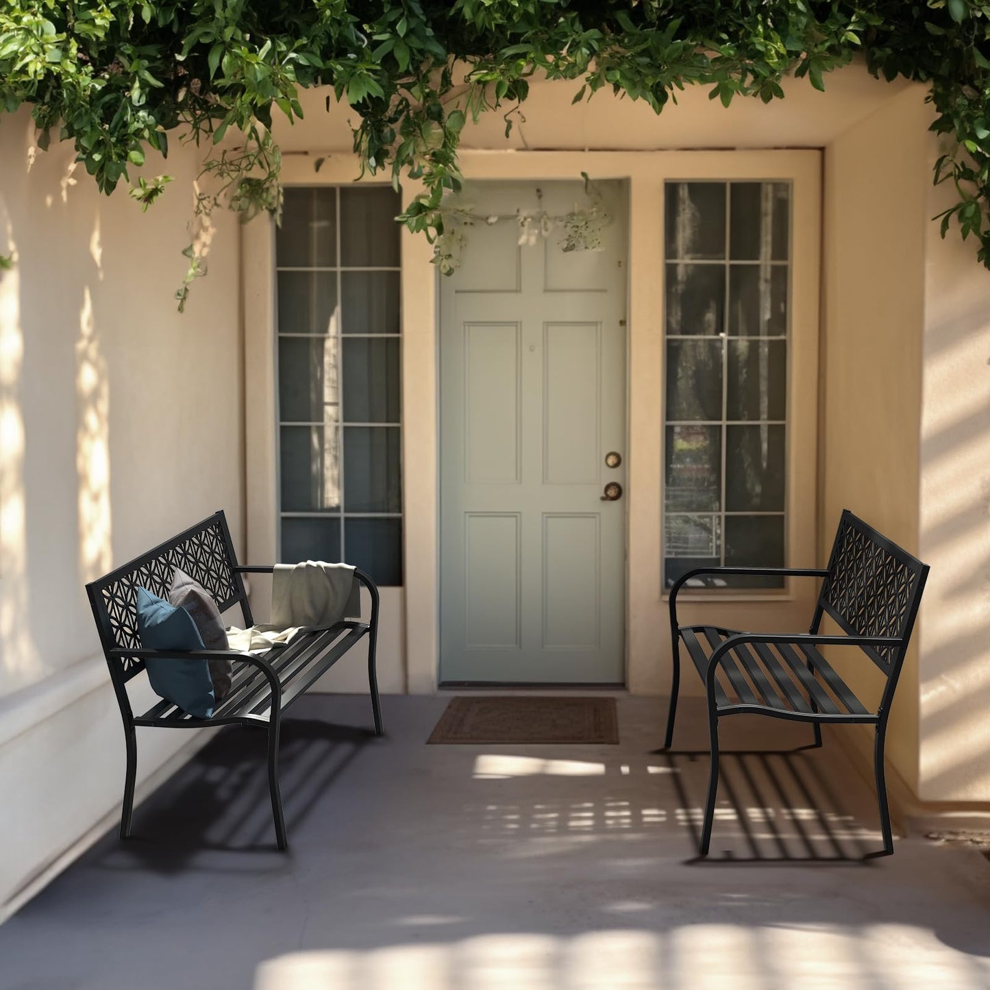 VINGLI 50" Outdoor Bench Metal with Floral Back, Garden Bench Front Porch Benches for Yard Patio Entryway Park Outside, 800lb Capacity - Black