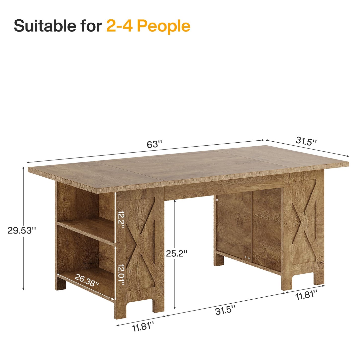 Tribesigns 63" Farmhouse Dining Table with Storage, Rectangular Wooden Kitchen Dinner Table for Dining Room, Living Room, Fit for 2-4 People, Rustic Brown