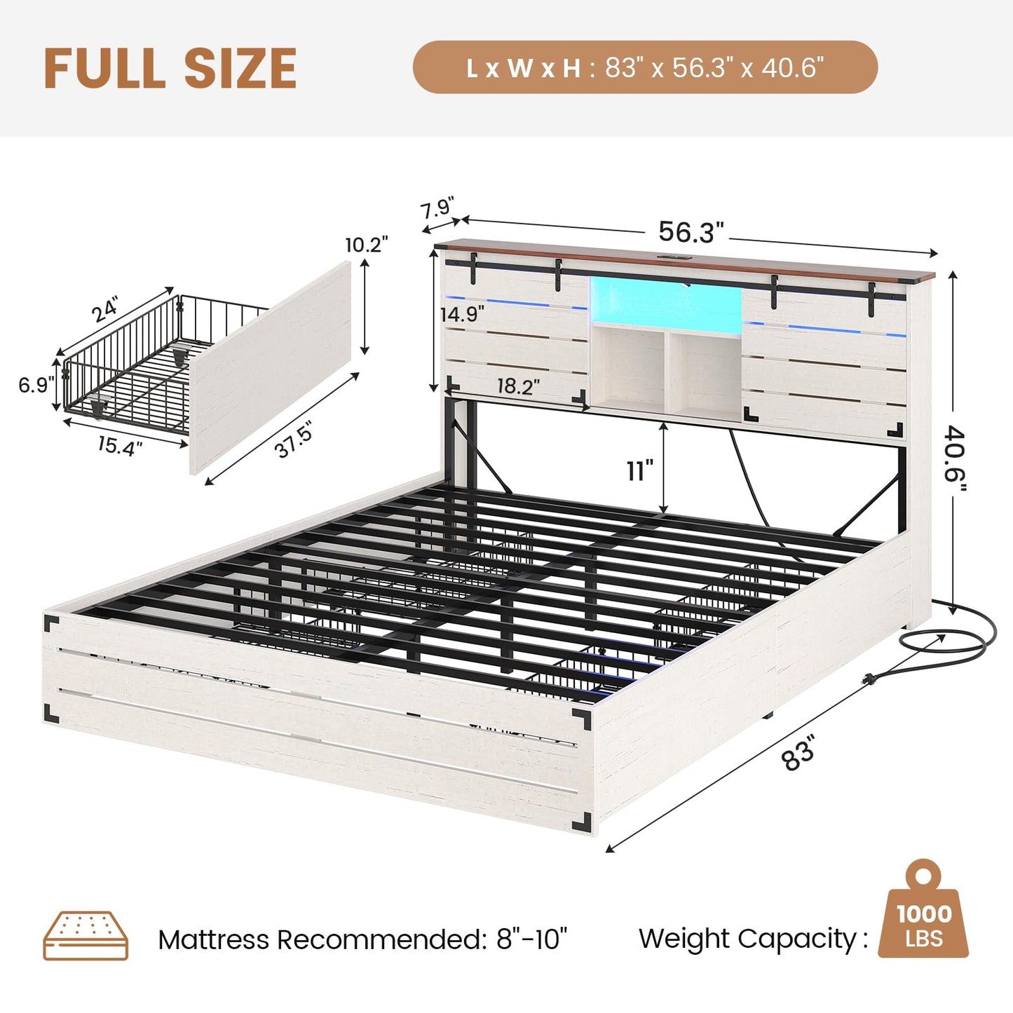 VIAGDO Wooden Bed Frame Full Size with Bookcase Headboard and Sliding Barn Door, Farmhouse Bed Frame Full Size with Charging Station, LED Lights and 4 Storage Drawers, No Box Spring Needed, White