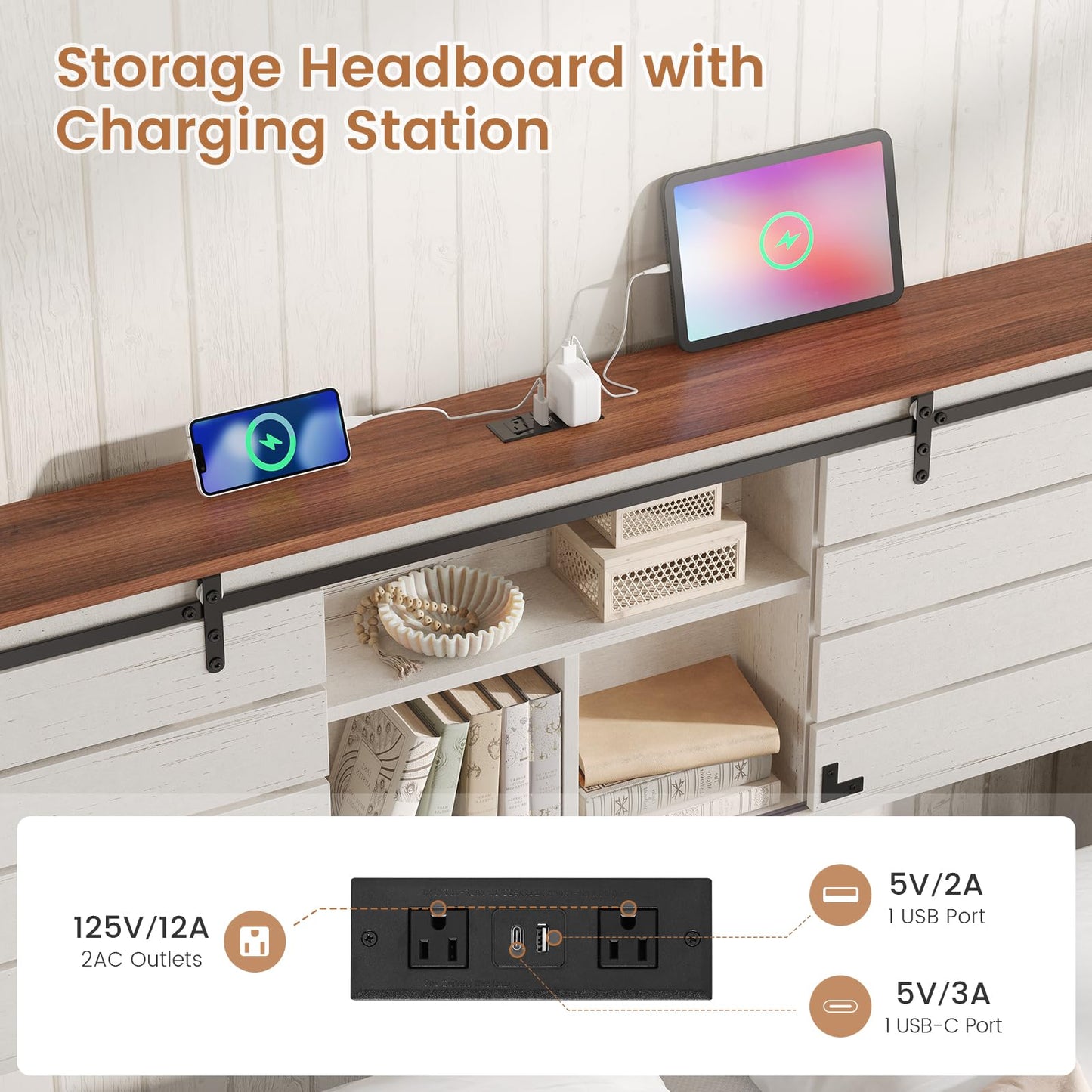 VIAGDO Wooden Bed Frame Full Size with Bookcase Headboard and Sliding Barn Door, Farmhouse Bed Frame Full Size with Charging Station, LED Lights and 4 Storage Drawers, No Box Spring Needed, White