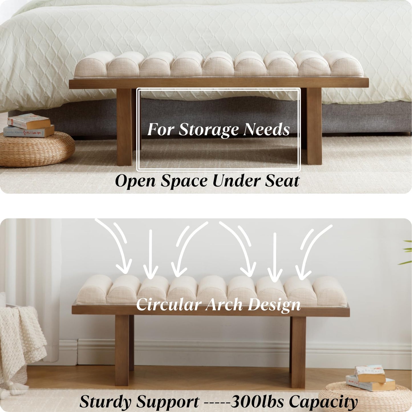 Ya-Home Modern Upholstered Entryway Bench, 47” Linen Fabric Bedroom End of Bed Bench with Cylindrical Cushion/Solid Wooden Base, Window Padded Benches for Living Room/Foyer/Hallway, Natural Leg
