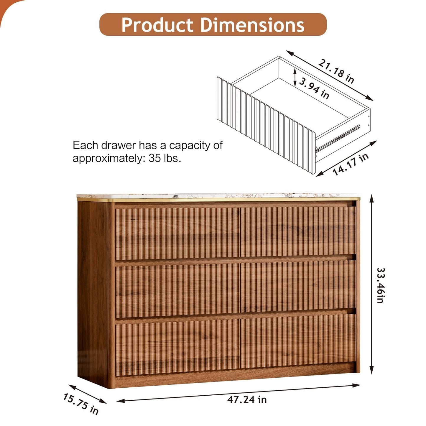 Ieejdn Fluted Dresser for Bedroom with 6 Drawers, 47.2" Modern Chest of Drawers with Faux Marble Top, Curved Profile Design,Dresser TV Stand, Wood Drawer Organizer for Living Room, Hallway, Walnut