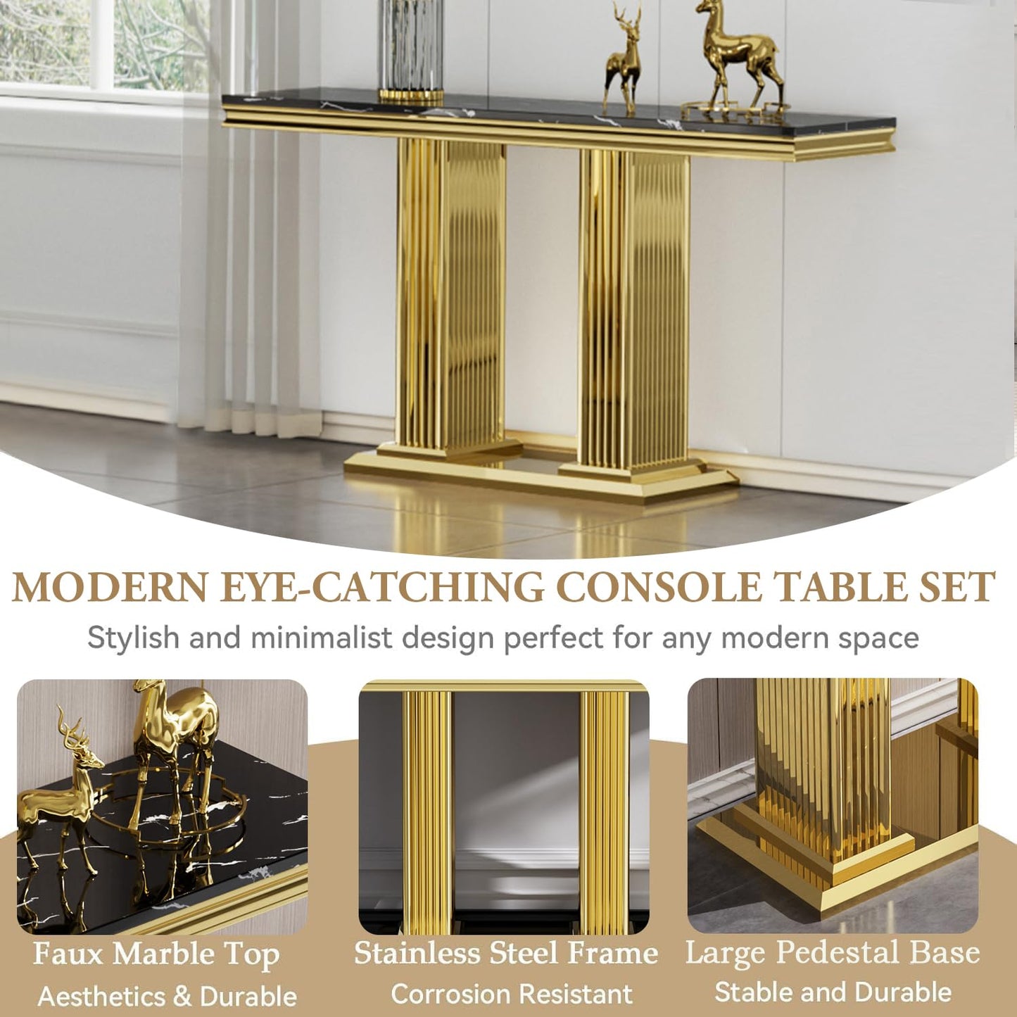 47" Rectangular Marble Console Table Luxury Black Faux Marble Entryway Table with Gold Column-Shape Stainless Steel Base Modern Narrow Sofa Hallway Tab for Living Room Entrance