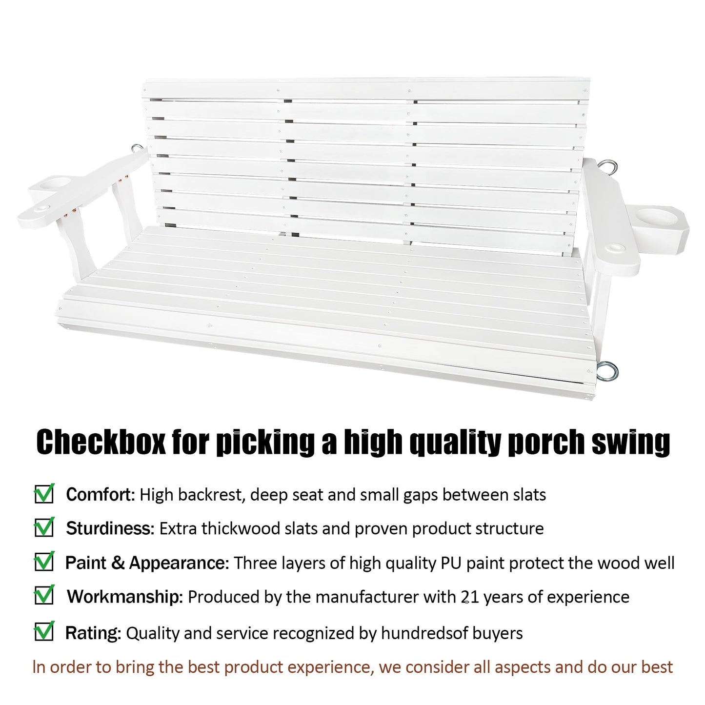 Wooden Porch Swing 3-Seater, Bench Swing with Cupholders, Hanging Chains and 7mm Springs, Heavy Duty 880 LBS, for Outdoor Patio Garden (Pure White, 5 FT Extra Large)