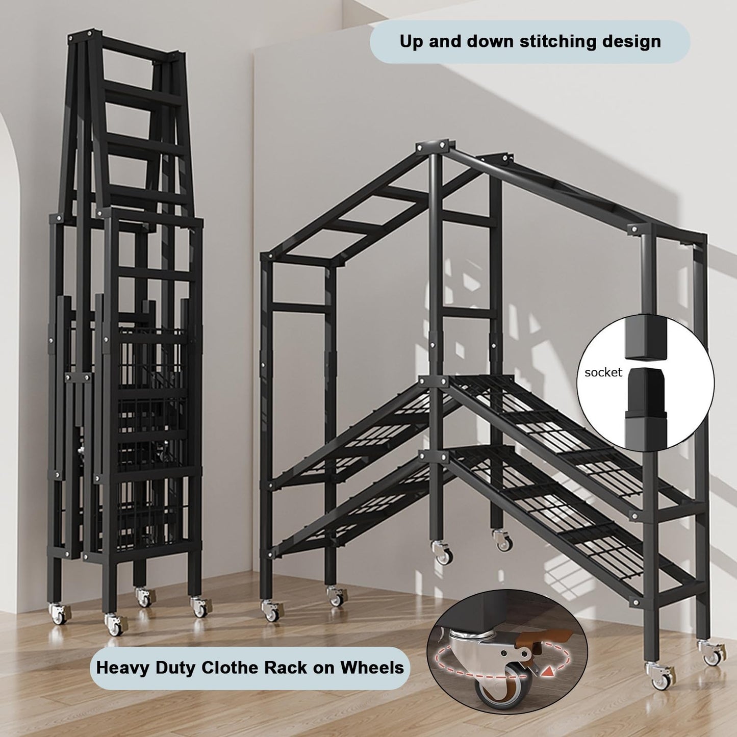 71in Foldable Portable Wardrobe Closet with Magnetic Door 2000lbs Heavy-duty Clothe Rack with Wheels and Cover Large Covered Clothing Coat Storage Organizer System (Grey zipper, 70.86in/5.9ft)