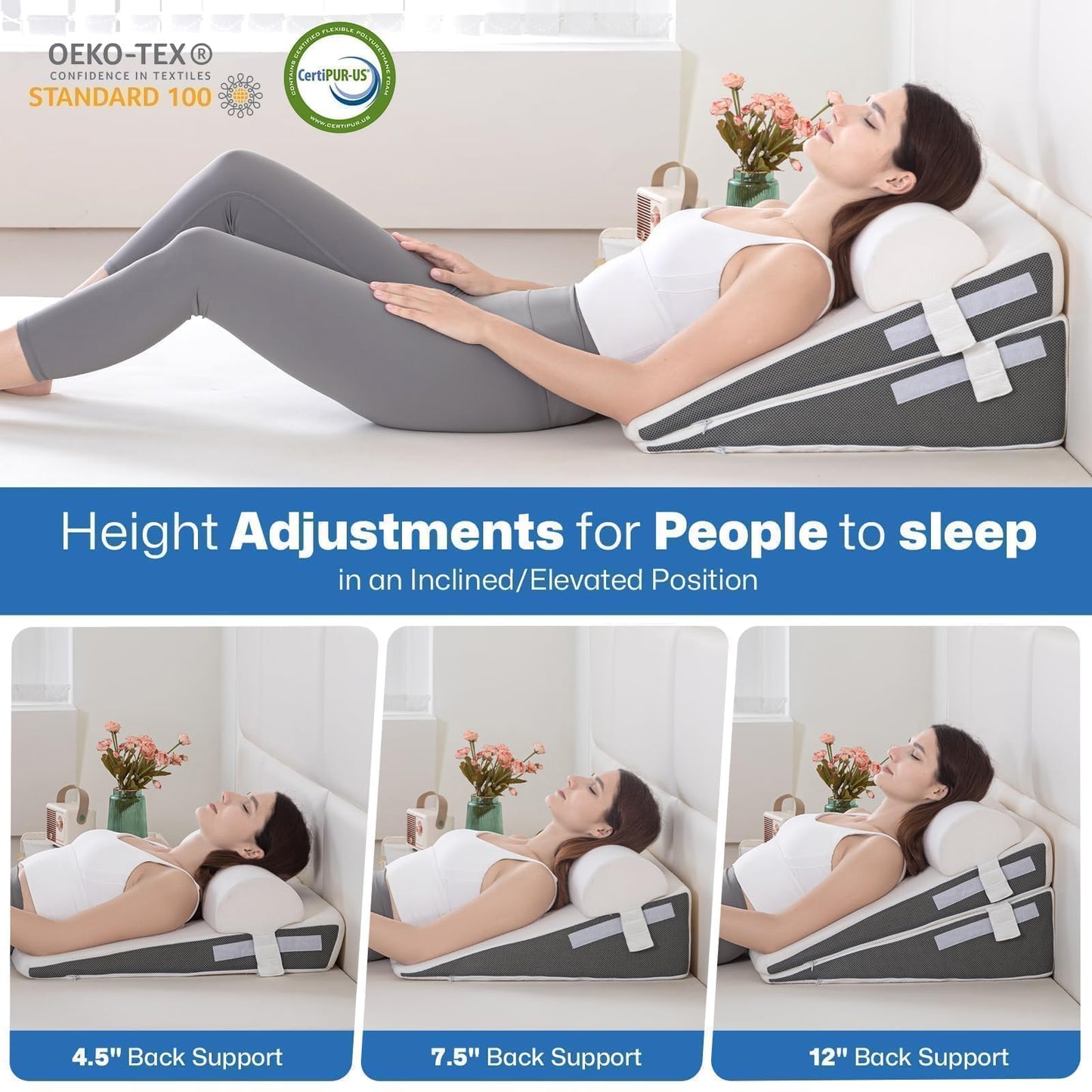 GOHOME Cooling Wedge Pillow Set for After Surgery, 3-Piece Adjustable Memory Foam Bed Wedge Pillow for Sleeping - Acid Reflux, Snoring, Neck Pain and Back Pain, White and Grey