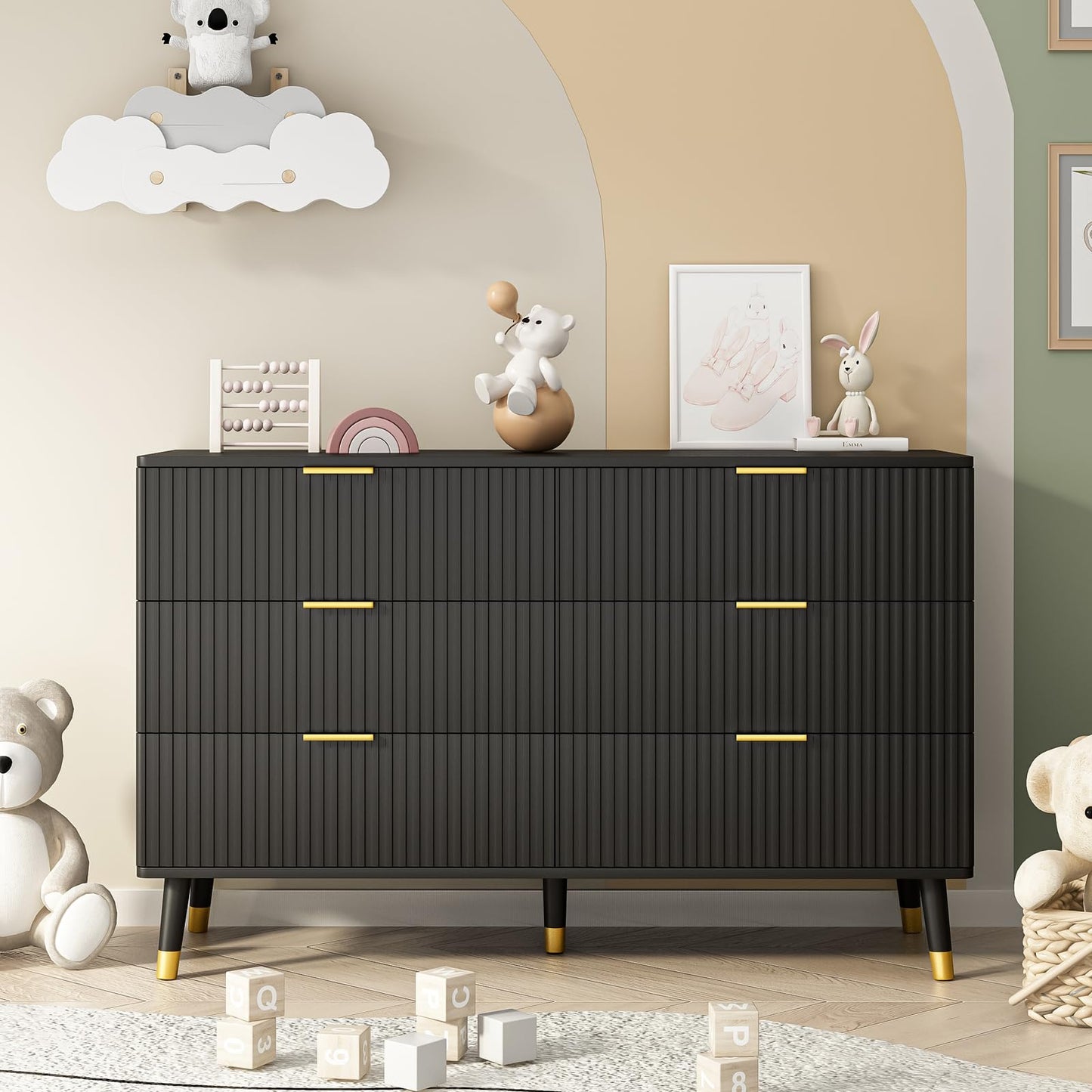 Tradare Black Dresser, Fluted 6 Drawer Dresser for Bedroom, Wooden Modern Chest of Drawers with Gold Metal Handles, Black