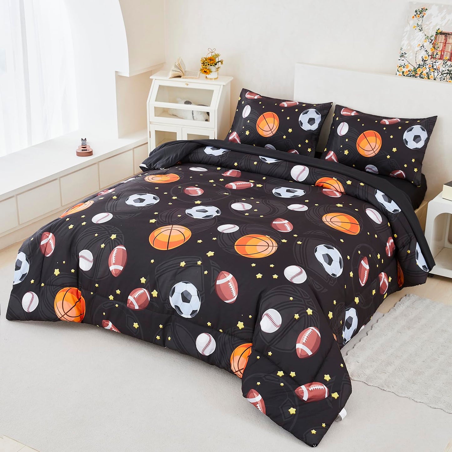 ZSYAYAHA Twin Bedding Set with Comforter 5 Pieces Boys Basketball Bedding Set Kids Sports Bed Set Soft Fluffy Baseball Soccer Bed in A Bag for All Season(Black Balls, Twin)