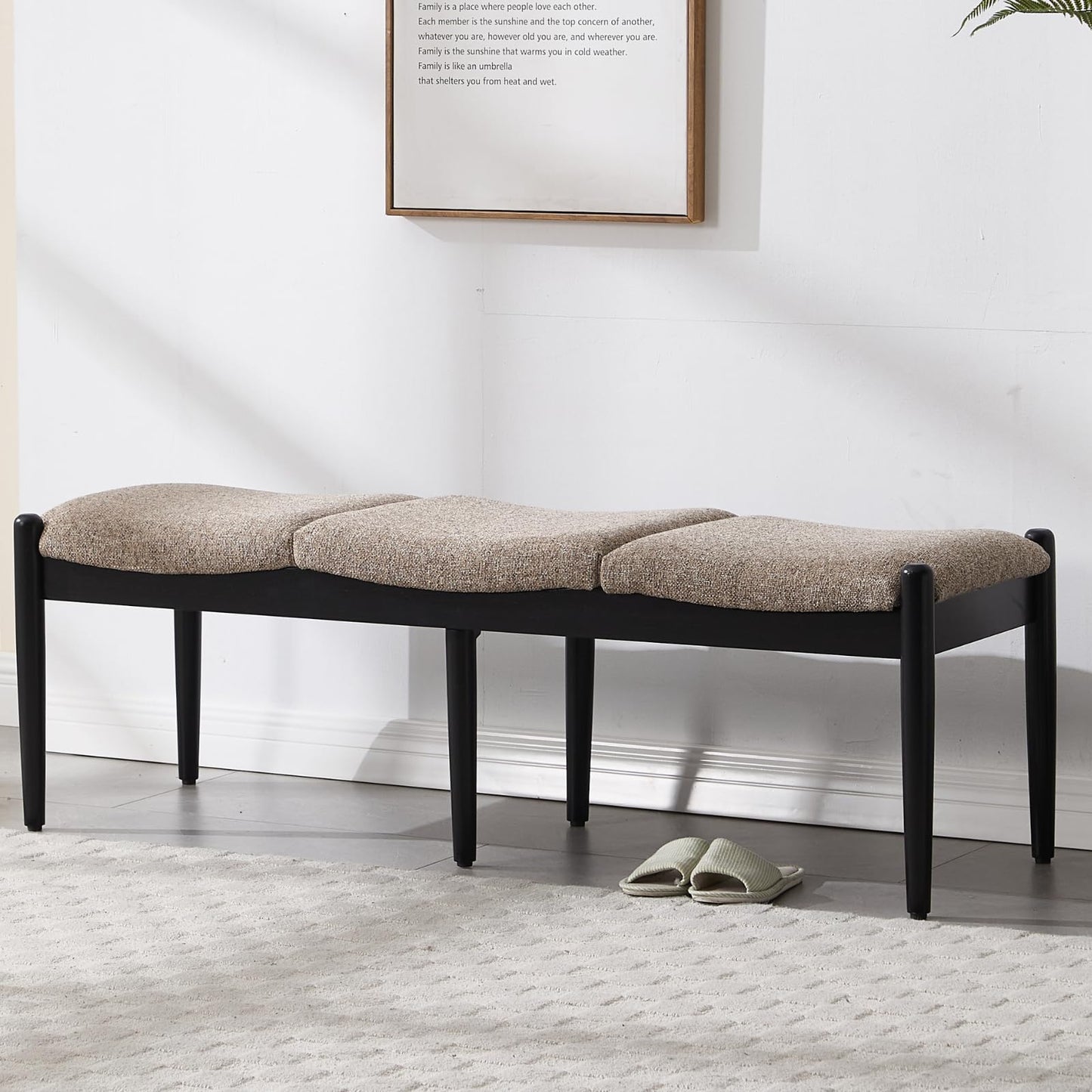 Ya-Home Modern Entryway Bench, Linen Upholstered Bedroom Bench End of Bed Bench, Window Bench with Padded Seat Black Wood Legs for Living Room/Dining Room, 54 Inches Long, Khaki