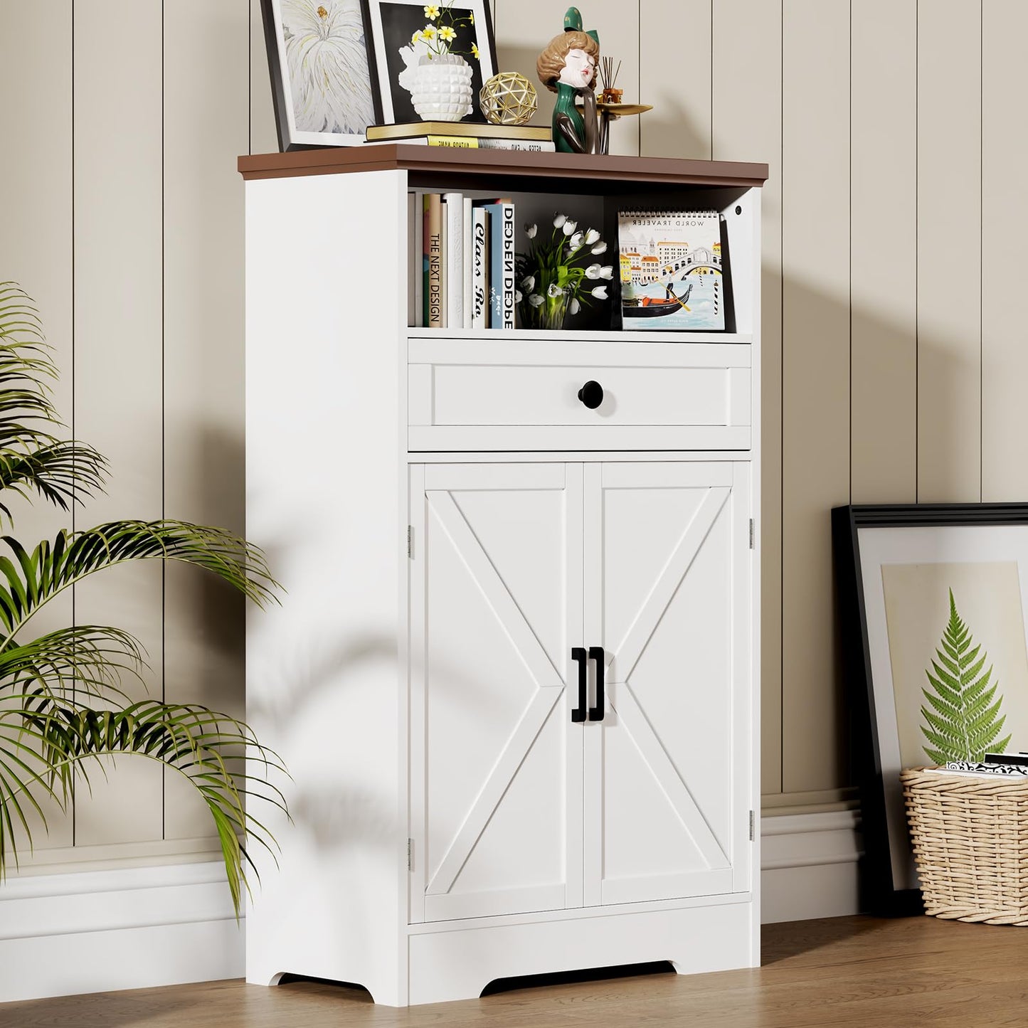 Viroformo White Floor Cabinet, Farmhouse Storage Cabinet with Barn Doors and Drawer, Freestanding Adjustable Shelf Cabinets for Bathroom, Kitchen, Living Room