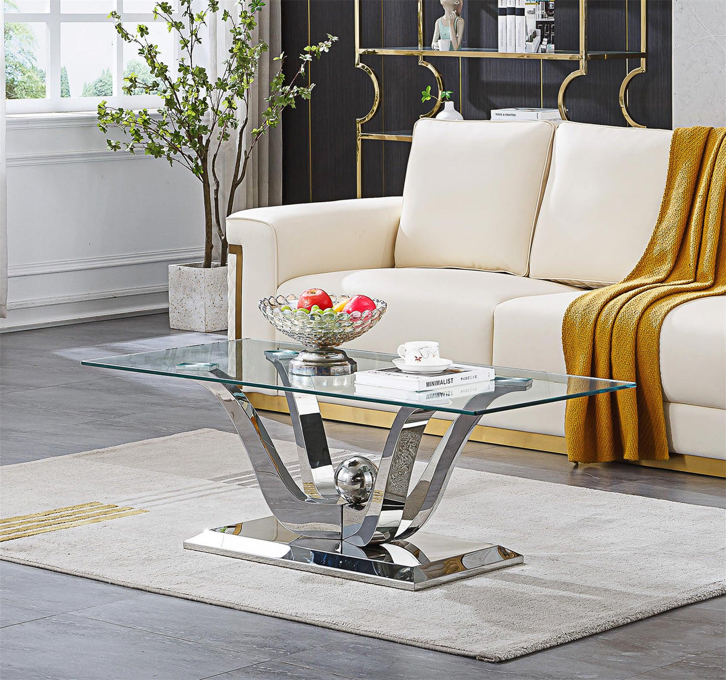 47" Glass Coffee Table, Modern Silver Cofee Table Living Room Table with Gorgeous Mirrored Stainless Steel Base,Luxury Rectangular Center Coffee Tables for Living Room,Apartment,Office