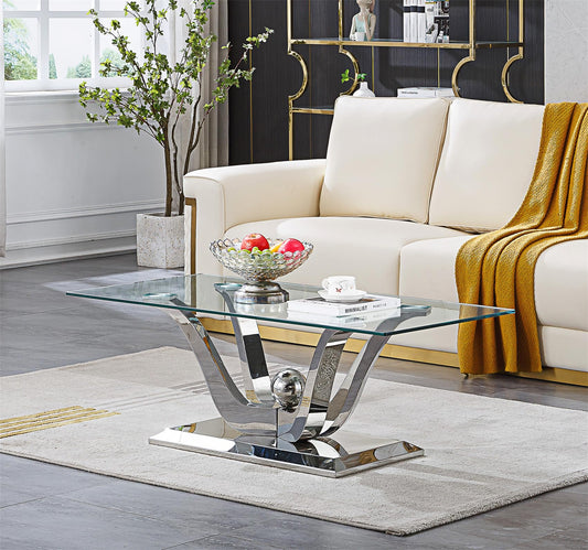 47" Glass Coffee Table, Modern Silver Cofee Table Living Room Table with Gorgeous Mirrored Stainless Steel Base,Luxury Rectangular Center Coffee Tables for Living Room,Apartment,Office