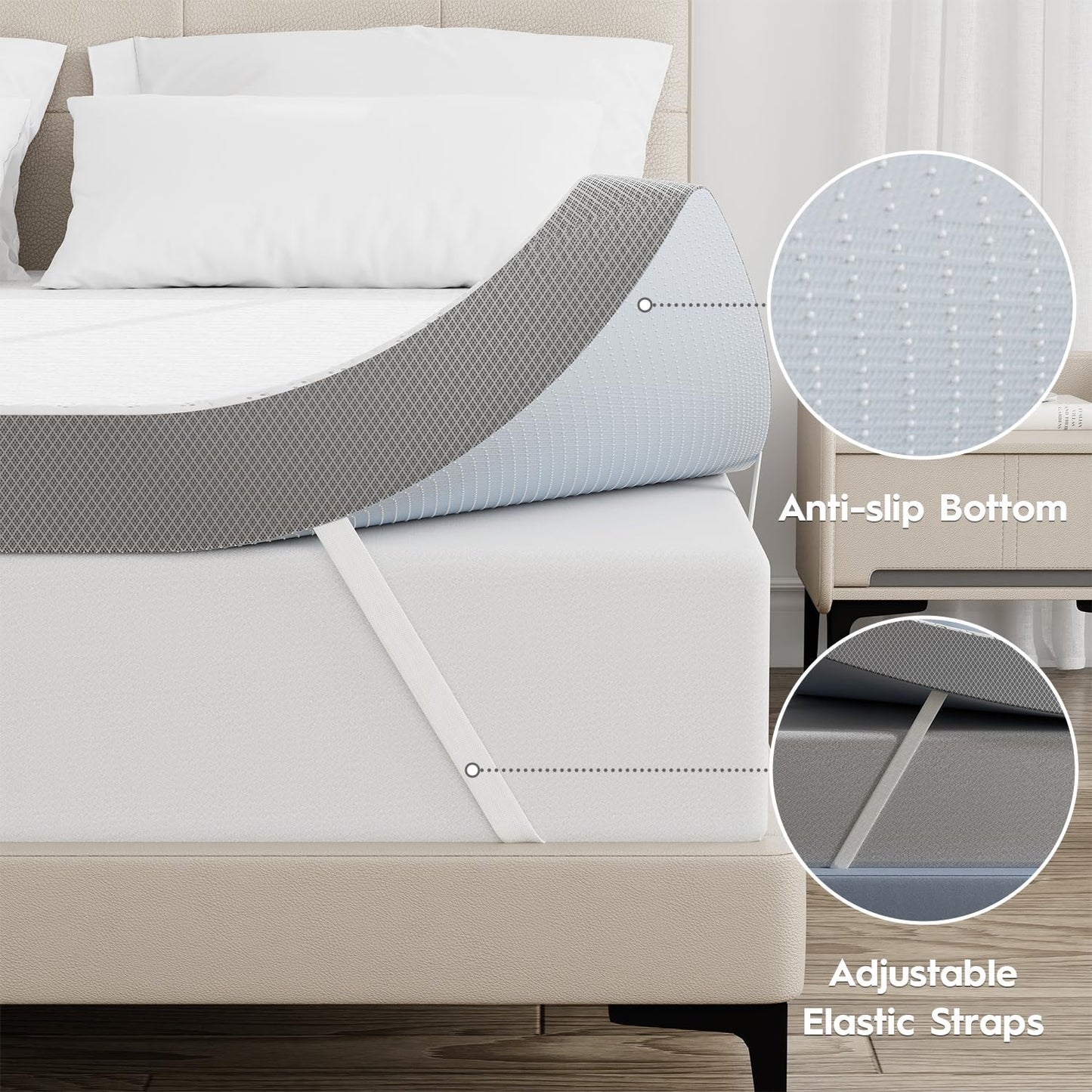 3 Inch Cooling Mattress Topper Queen, Ice Silk with Gel-Infused 40D Memory Foam Bed Topper Pad with Removable Soft Cover, Pressure Relief & Non-Slip (White, Queen)