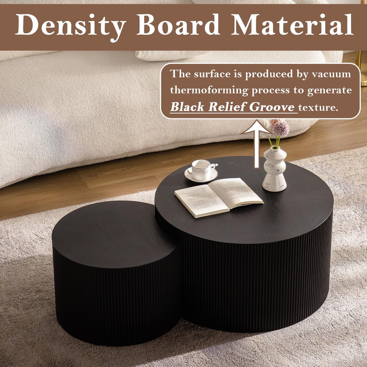 WUPDPQS Round Nesting Coffee Table Black Round Fluted Coffee Table Set of 2 for Living Room Small Circle Drum Coffee Tables Crescent End Table (Black B 27in)