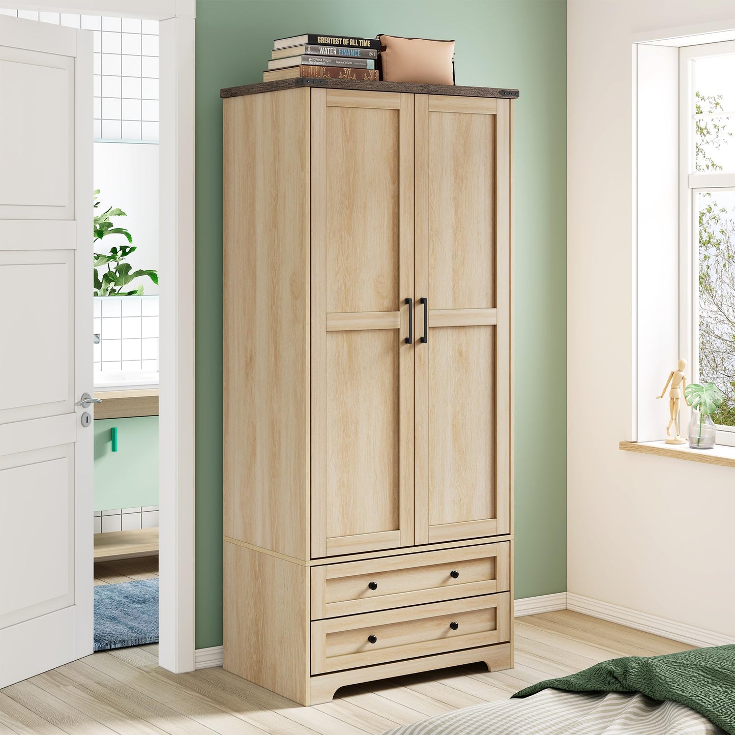 Yechen 71" Wooden Armoire Wardrobe Closet - Modern Functional Clothes Tall Storage Cabinet with Adjustable Shelf and Hanging Rail, Sturdy Freestanding Closet Wardrobe with 2 Wide Drawers (Natural)