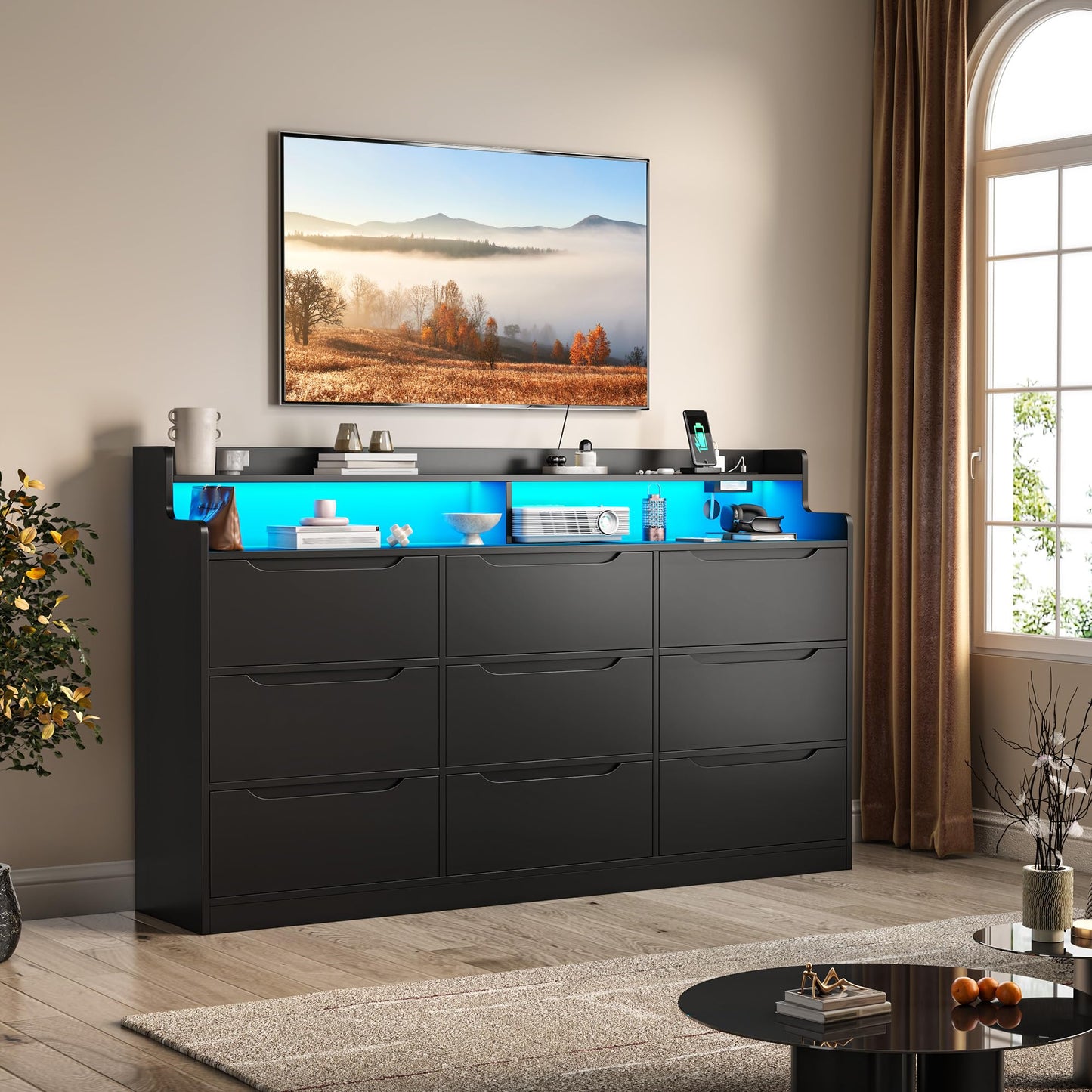 DurayLoly Modern Dresser for Bedroom with LED Light, 9 Drawer Black Dresser with Charging, Wooden Chest of Drawers, Large TV Stand for Bedroom