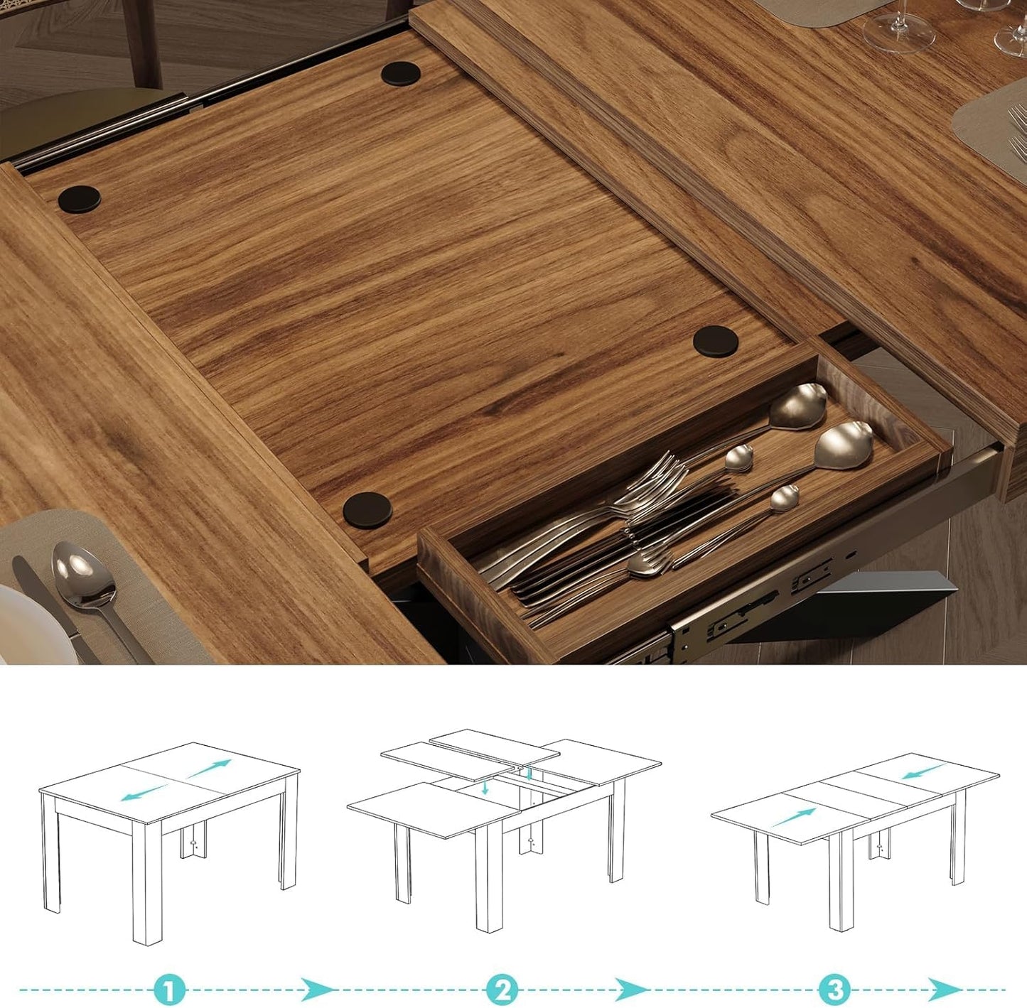 CayugaCrekrd 59"-78.7" Extendable Dining Table for 4 6 8 People, Wooden Kitchen Table with Hidden Storage, Dining Room Tables for Living Room, Kitchen, Brown