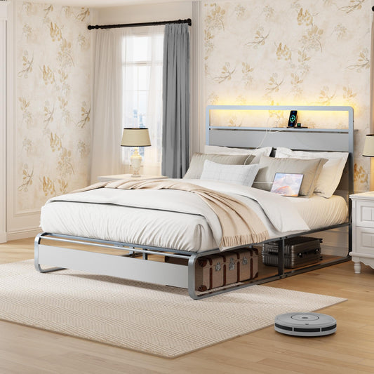 VFJ Large Bed Frame with headboard, Metal Platform Bed Frame with Charging Dock, Heavy-Duty Platform Bed Frame with LED Lights, Easy to Assemble, Silver