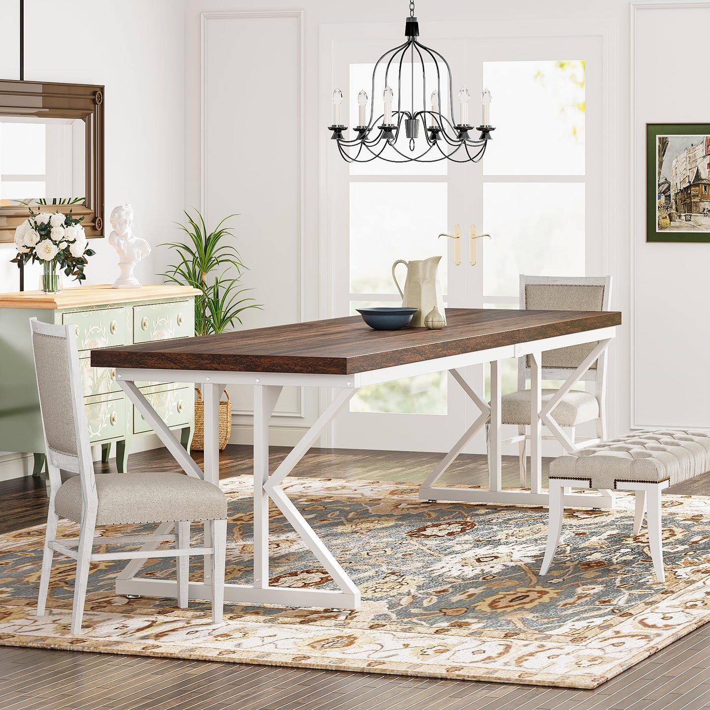 Tribesigns Farmhouse Dining Table for 6-8 People, 78.7-Inch Rectangular Wood Dining Table, Rustic Kitchen Table with Heavy Duty Metal Legs for Dining Room