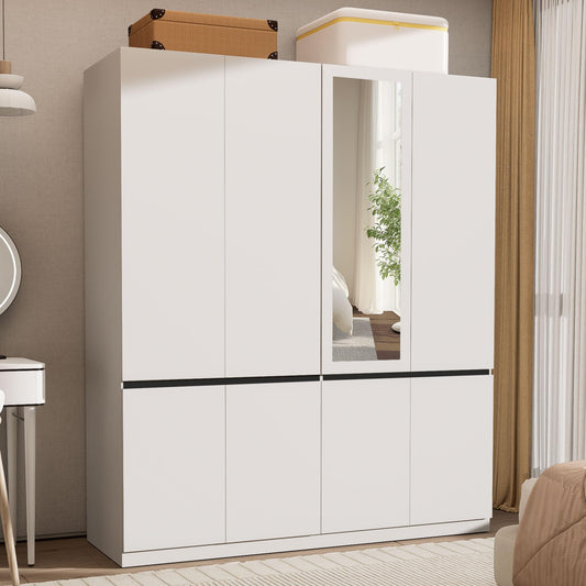 Wakefit 4 Doors Armoire Wardrobe Closet with Mirror, Wooden Bedroom Armoires with Hanging Rod, Freestanding Wardrobe Cabinet for Bedroom, Guest Room, White(20.47" D x 63" W x 74" H)