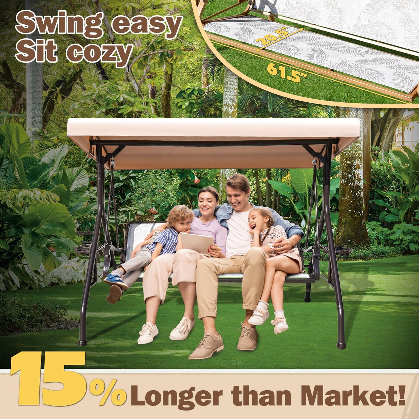 ZZW 3 Person Patio Swing Outdoor Swing for Adults with Adjustable Canopy &Upgraded Cup Holders Textilene Fabric Porch Swing Chair with Stand Heavy Duty 800 LBS
