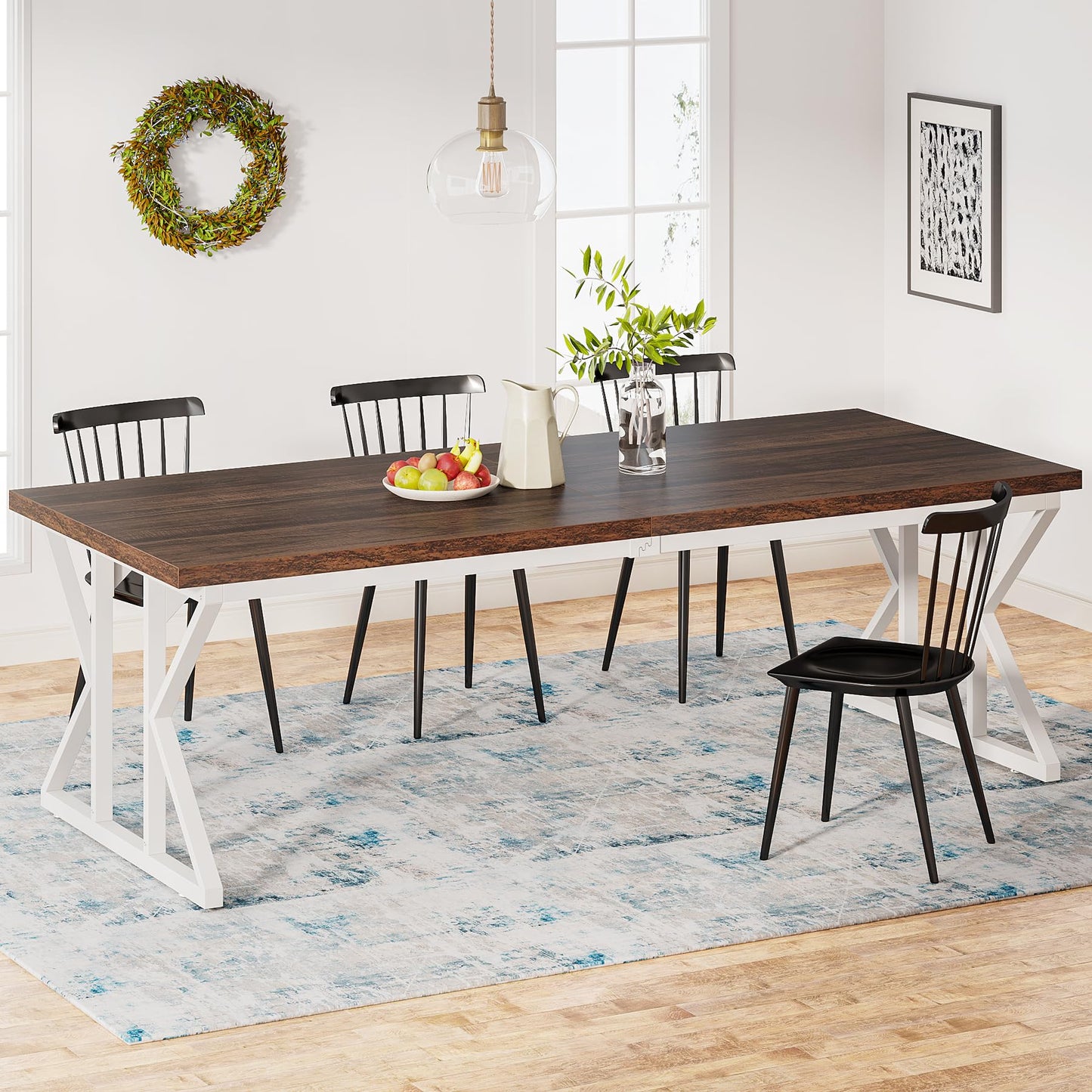 Tribesigns Farmhouse Dining Table for 6-8 People, 78.7-Inch Rectangular Wood Dining Table, Rustic Kitchen Table with Heavy Duty Metal Legs for Dining Room
