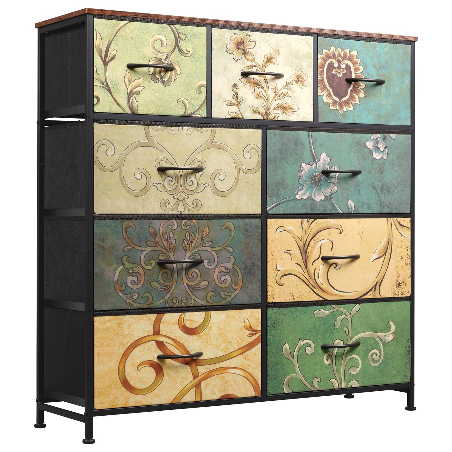 WLIVE 9-Drawer Dresser, Fabric Storage Tower for Bedroom, Hallway, Entryway, Closet, Tall Chest Organizer Unit with Fabric Bins, Steel Frame, Wood Top, Easy Pull Handle, Floral Painted