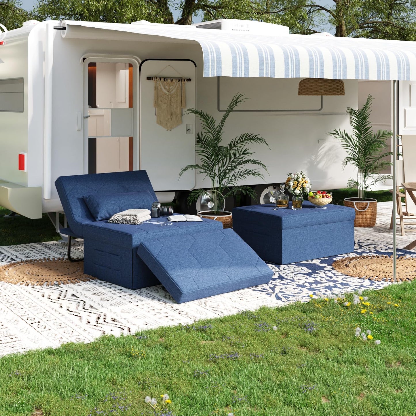 4 in 1 Sleeper Chair, Convertible Sleeper Sofa with Ottoman, Ottoman Bed for Adults, Sofa Bed with Adjustable Backrest for Living Room Apartment Office, Jean Blue