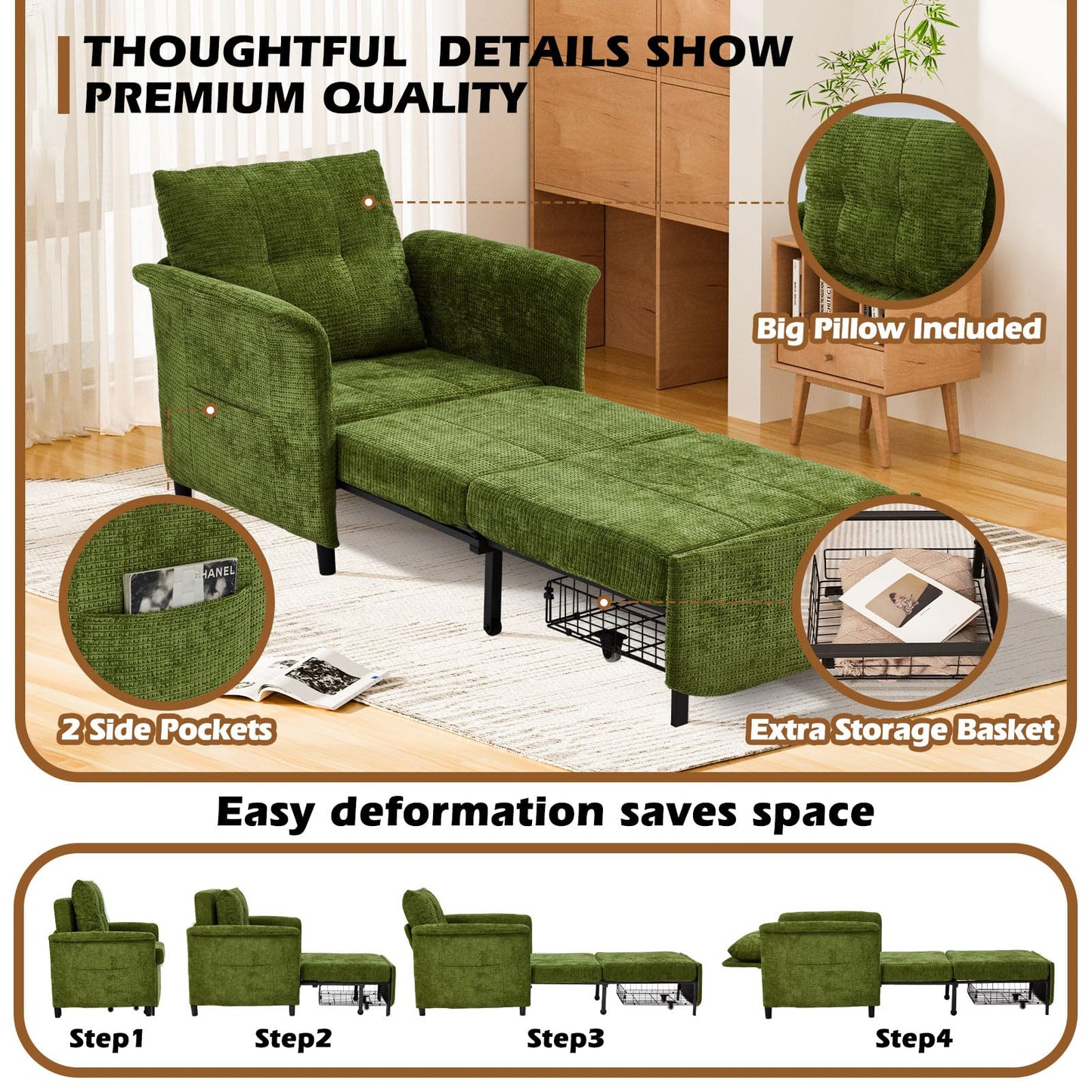 ZZWHOM Convertible Sleeper Chair 79" Long Chair Bed w/Adjustable Backrest 4-in-1 Pull Out Lounge Chair 500 LBS Load Bearing Single Sofa Bed with Pillow for Living Room & Small Space