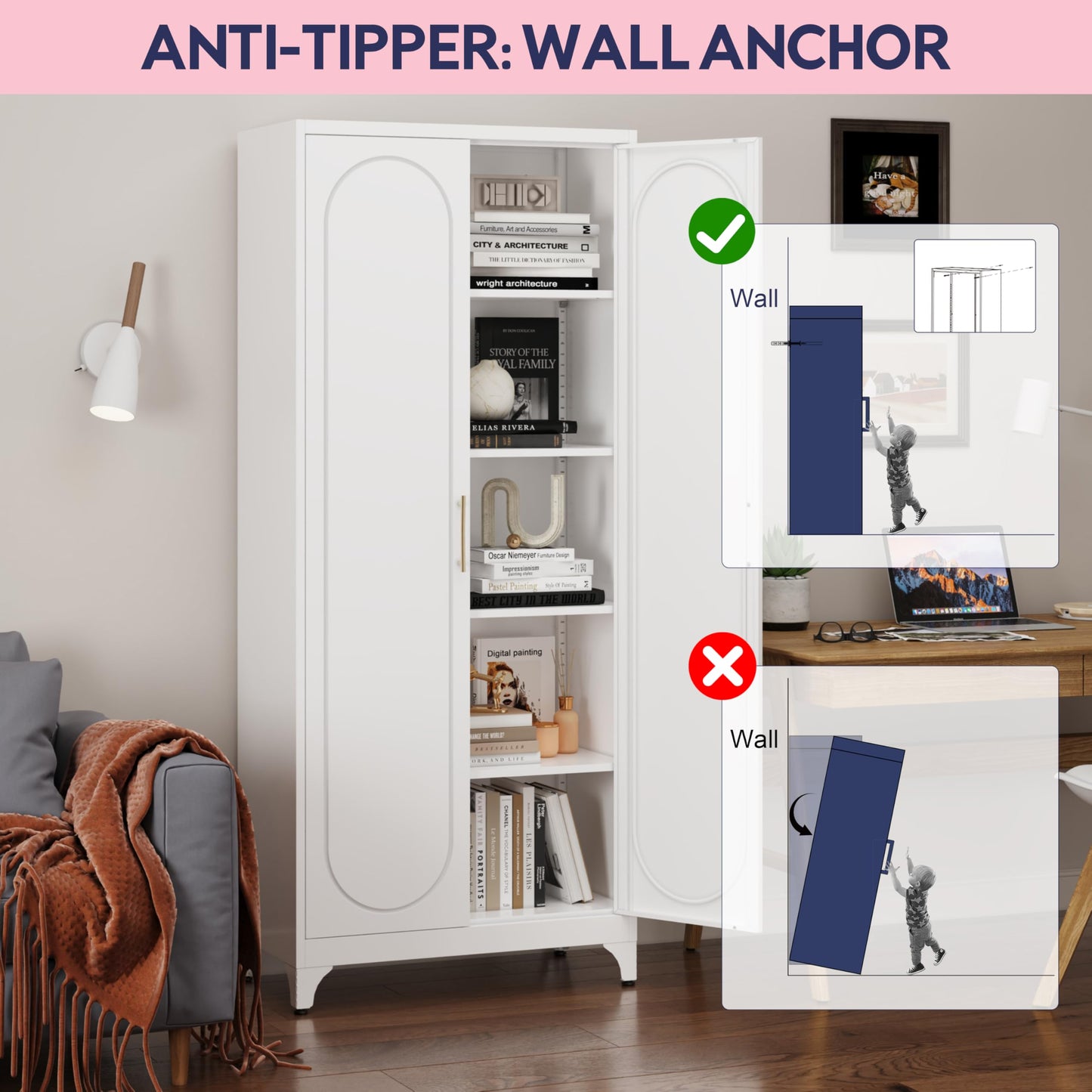 UNICOLY 75" Metal Pantry Cabinet, Storage Cabinet with Doors and Shelves, Cupboard with Adjustable Leveling Foot, for Laundry, Living Room, Dinning Room, Assembly Required, White