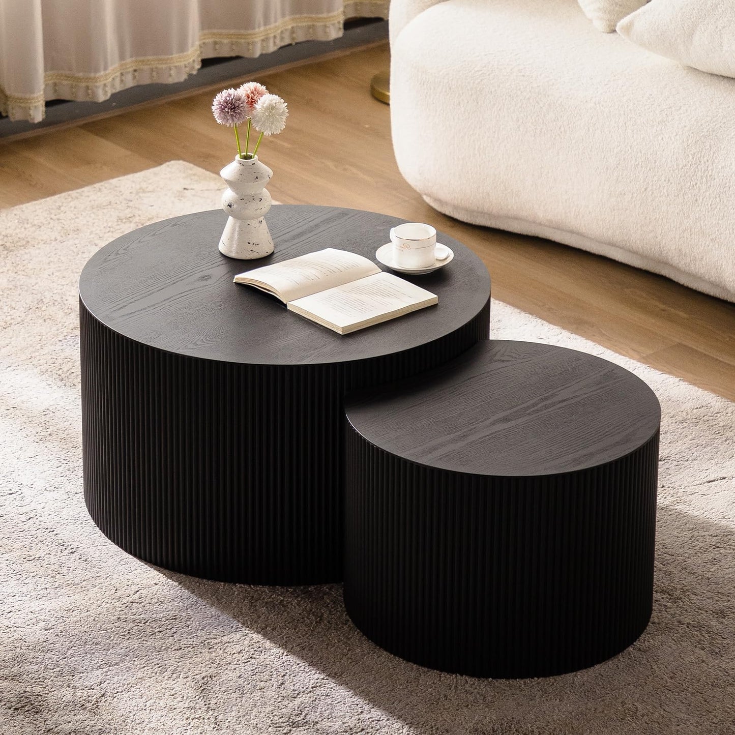 WUPDPQS Round Nesting Coffee Table Black Round Fluted Coffee Table Set of 2 for Living Room Small Circle Drum Coffee Tables Crescent End Table (Black B 27in)