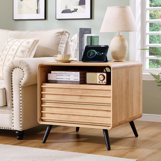 T4TREAM Fluted Nightstand with Charging Station,24" Modern Side Table with 2 Drawers, Mid Century End Table w/Storage, Bedside Table for Bedroom, Living Room, Curved Profile Design, Natural Oak