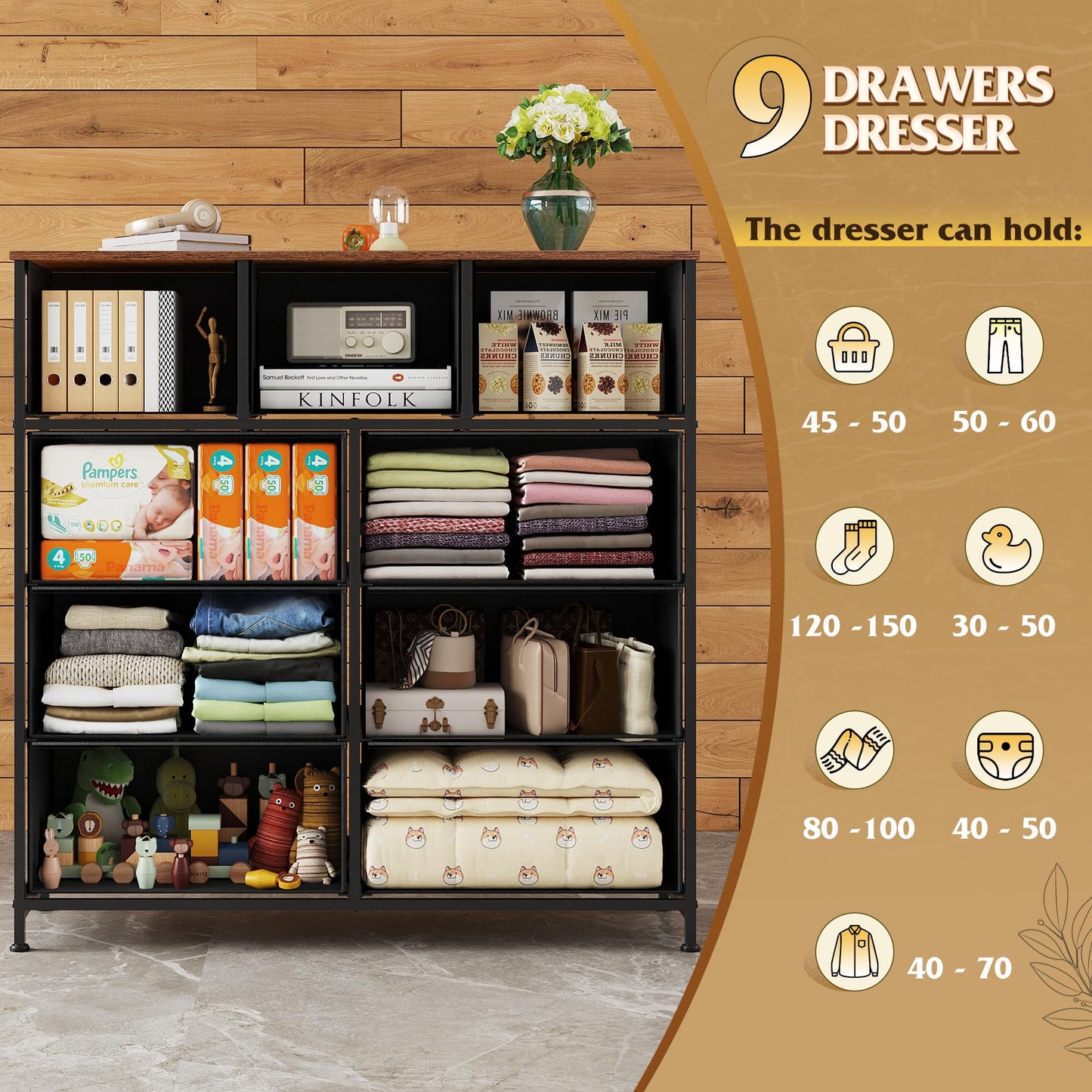 WLIVE 9 Drawer Dresser, Fabric Storage Tower for Bedroom, Hallway, Closet, Tall Chest Organizer Unit for Bedroom with Fabric Bins, Steel Frame, Wood Top, Easy Pull Handle, Black and Rustic Brown