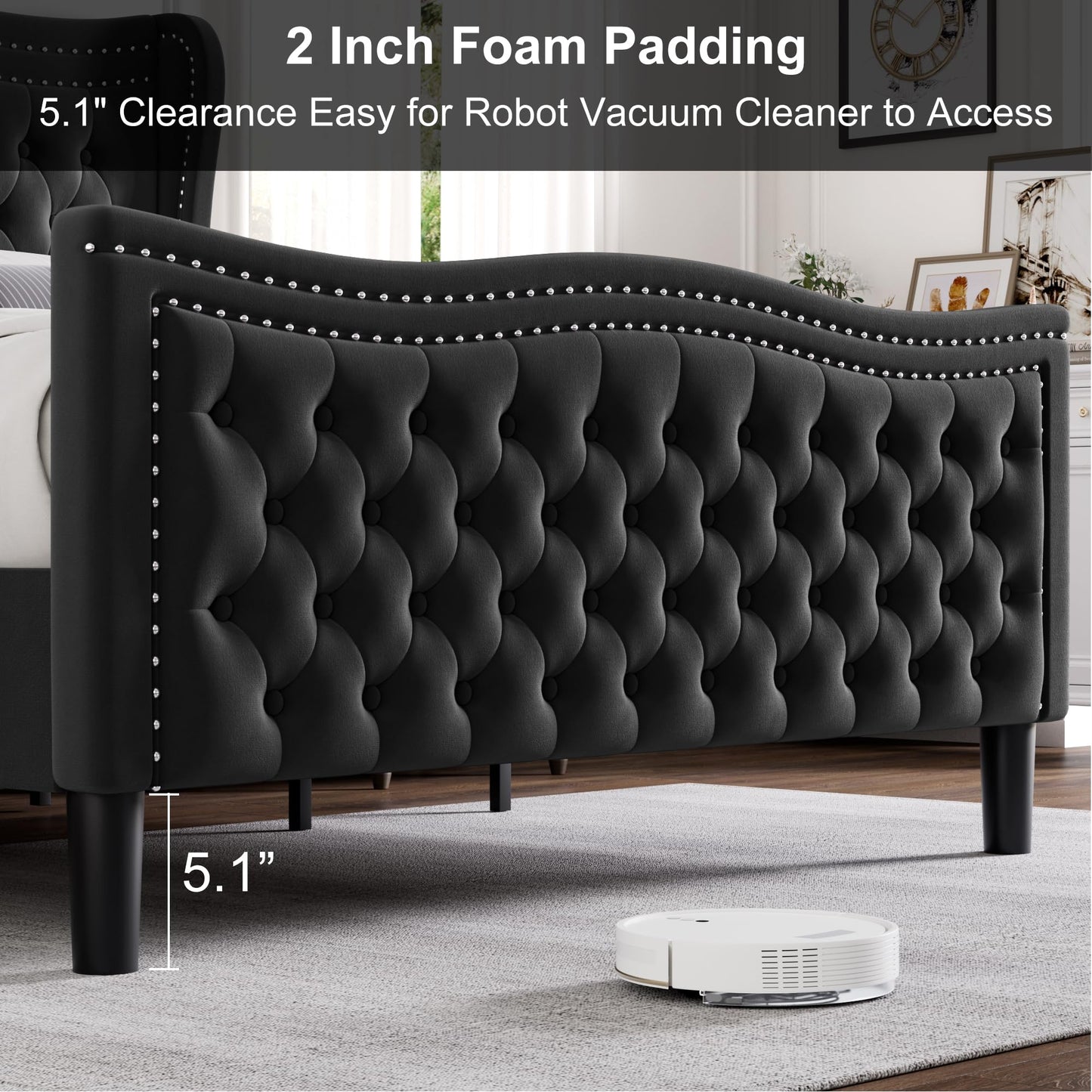 VINTLJUS Queen Bed Frame with Tall Headboard & Footboard, Velvet Upholstered Platform Bed Frame with Deep Button Tufted Wingback, No Box Spring Needed, Noise Free, Black