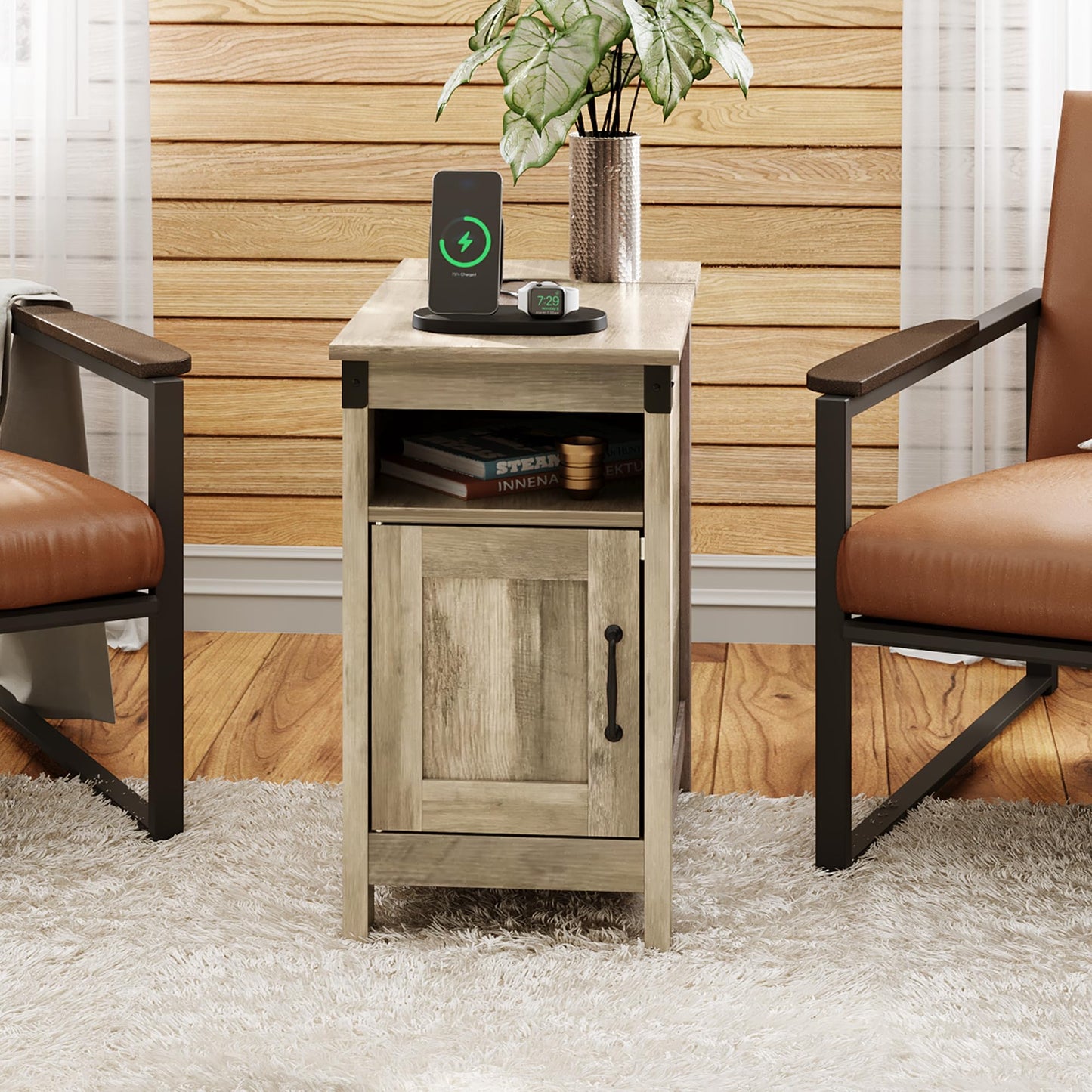 WLIVE Farmhouse End Table with Charging Station, Narrow Side Table for Living Room, Bedroom, Small Nightstand with Storage, USB Ports and Outlets, Small Wooden Cabinet, Greige