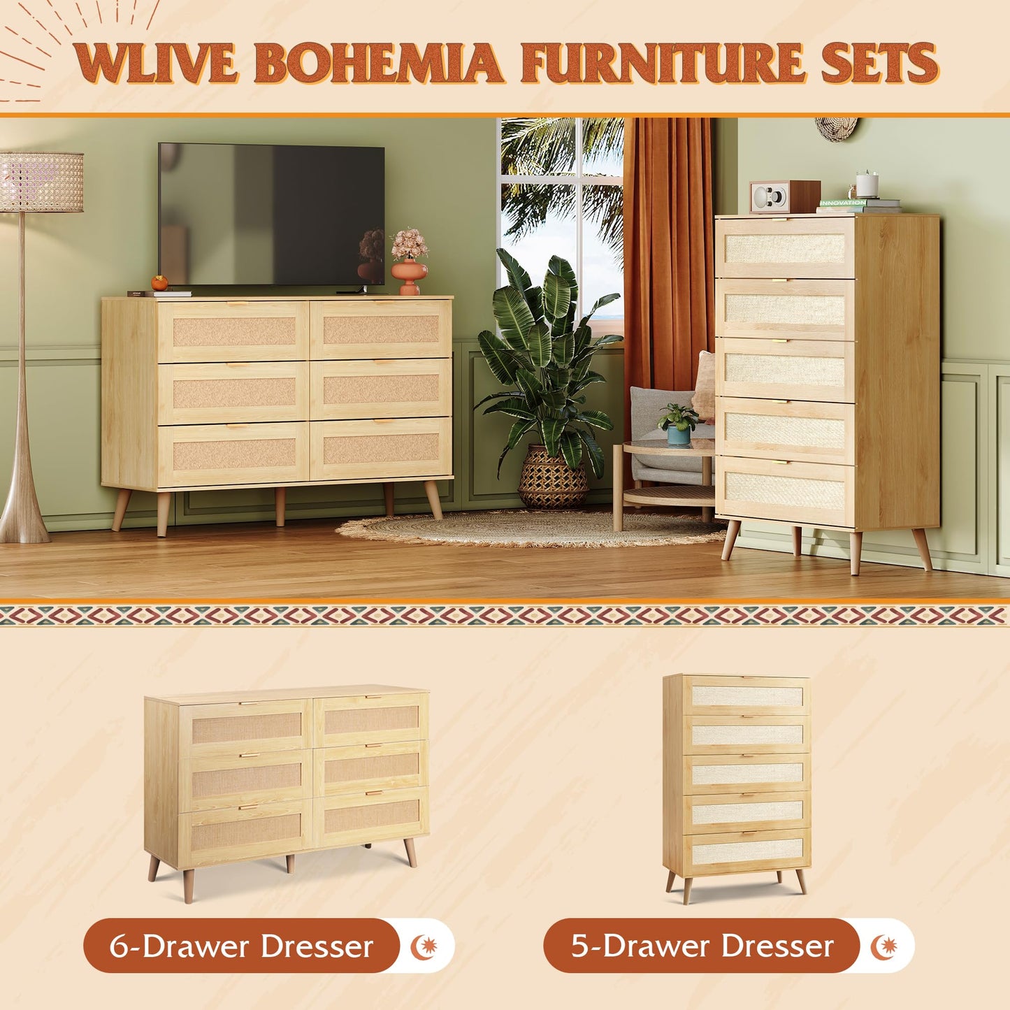 WLIVE Rattan Dresser for Bedroom, 5 Drawer Wood Boho Dresser Storage with Gold Metal Handle, Chest of Drawers for Living Room, Closet, Hallway, Light Oak