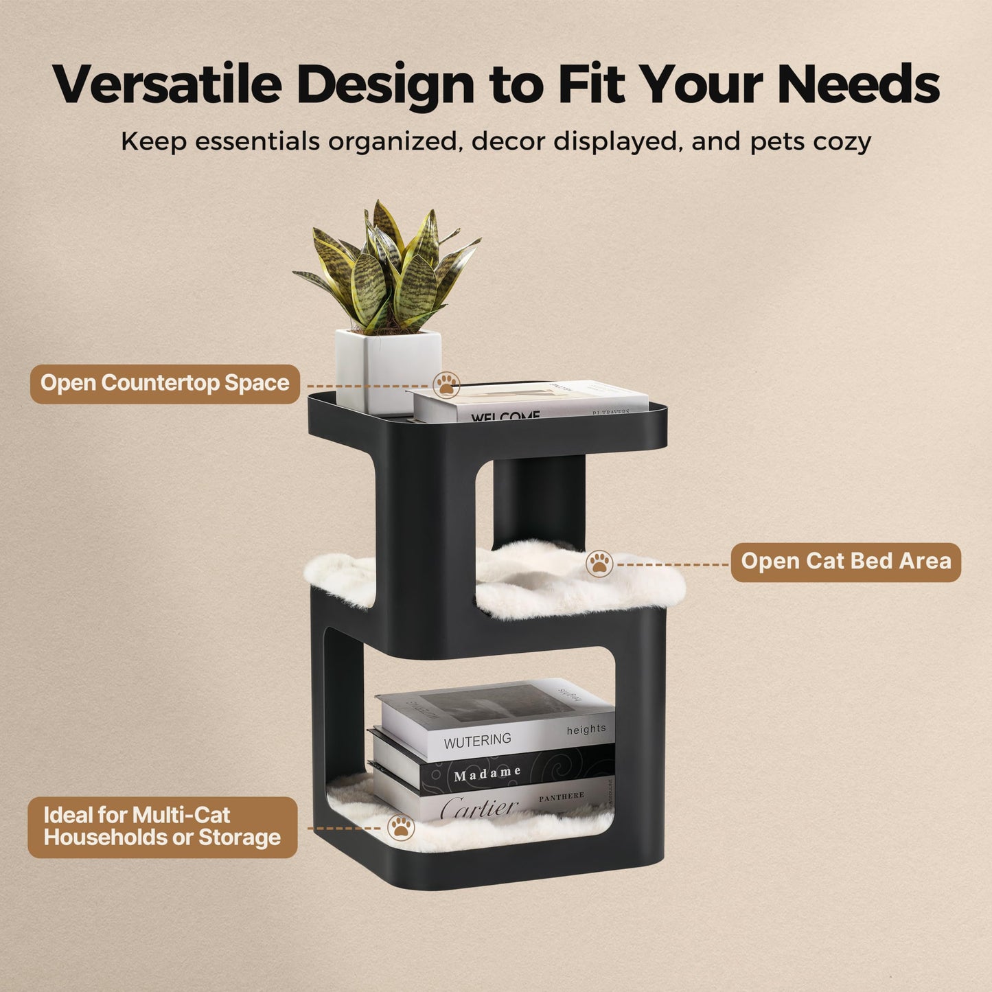 EUREKA ERGONOMIC Side Table Cat Beds, Metal Nightstand with Cat House, Square End Table with 3 Tier Storage, Modern Side Table Small End Beside Table for Living Room Bedroom Indoor, No Assembly, Black