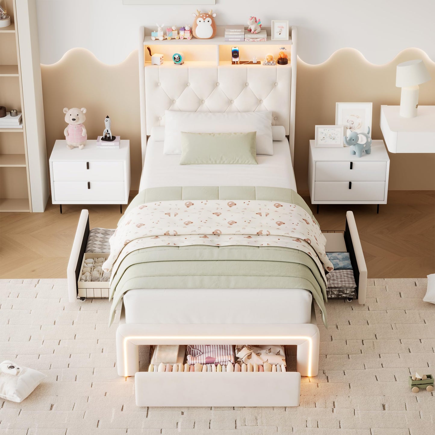 VINTLJUS Twin LED Bed Frame with Storage Headboard & Charging Station, Velvet Fabric Platform Bed Frames with 3 Drawers, No Box Spring Needed, Button Tufted Upholstered, Beige