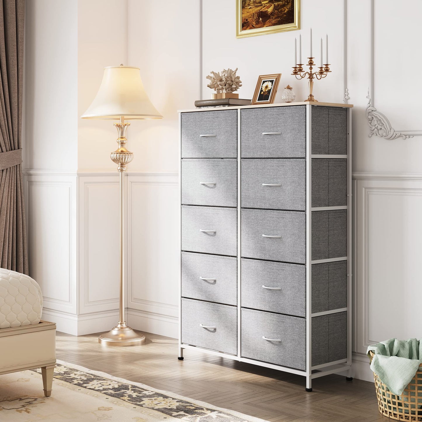 WLIVE Tall Dresser for Bedroom with 10 Drawers, Chest of Drawers, Dressers Bedroom Furniture, Storage Organizer Unit with Fabric Bins for Closet, Hallway, Living Room, Entryway, Light Grey