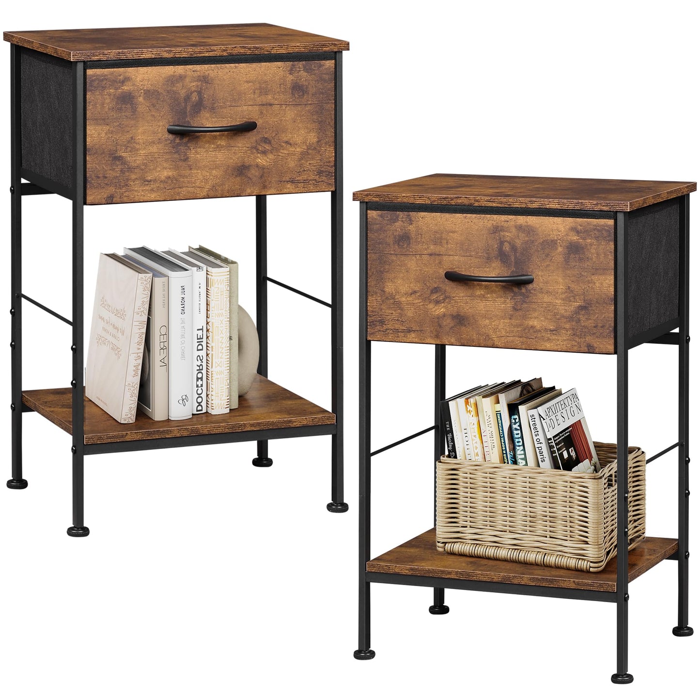 WLIVE Nightstand Set of 2, End Table with Fabric Storage Drawer and Open Wood Shelf, Bedside Furniture with Steel Frame, Side Table for Bedroom, Dorm, Rustic Brown Wood Grain Print, 25.03" Height