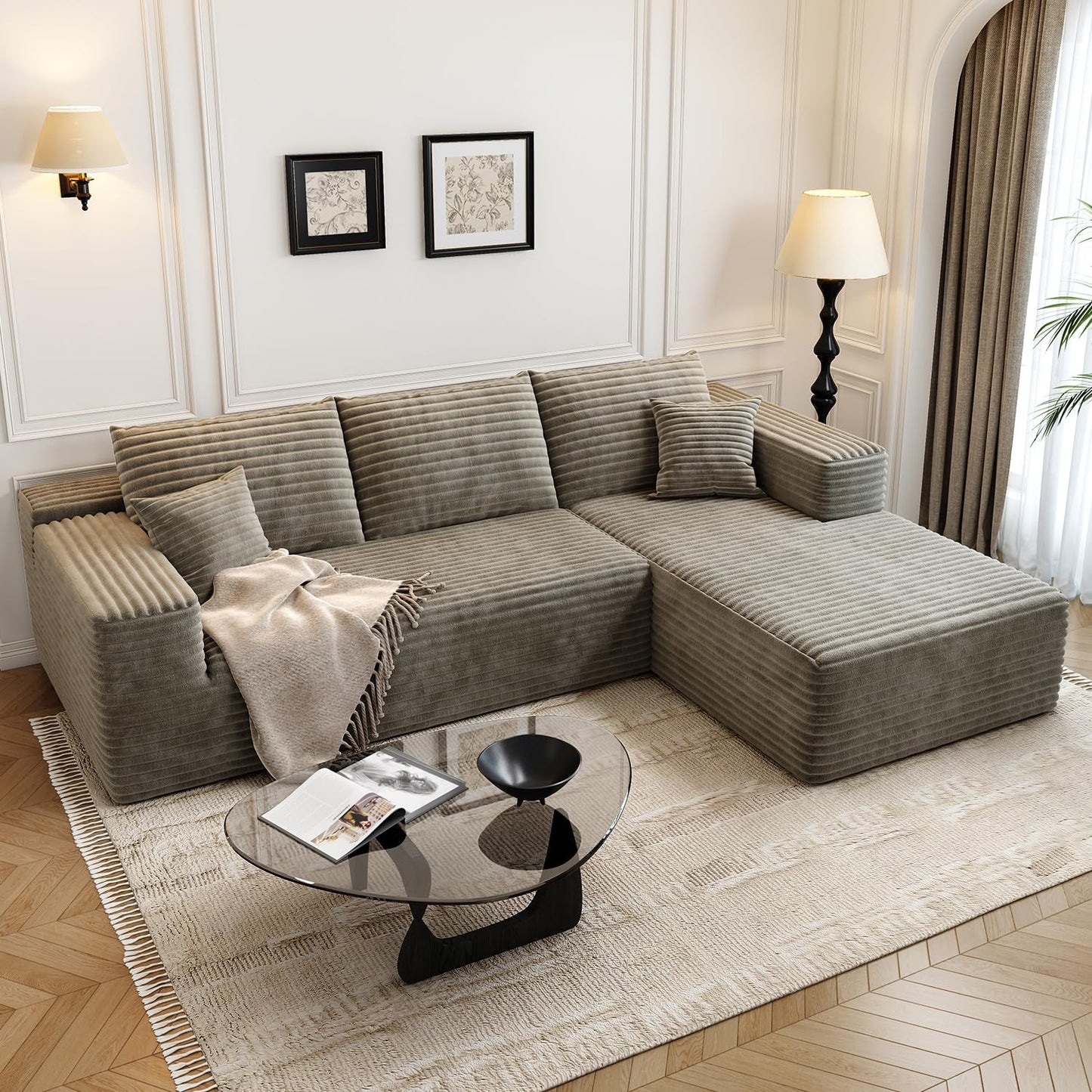 107.5" Cloud Modular Sectional Sofa Couch with L-Shape Chaise,Modern Minimalist Upholstered Couches for Living Room Bedroom,Deep Seat Corner Couch，No Assembly Required (Camel,Right Facing Chaise)