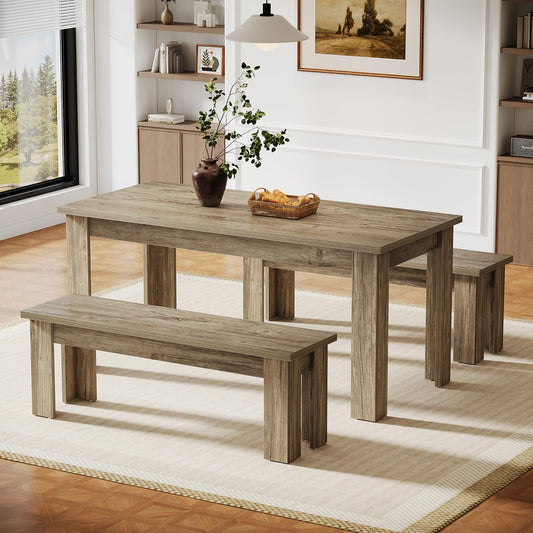 Tribesigns Dining Table Set for 6, 55.1-Inch Rectangle Kitchen Table with 2 Benches, 3-Piece Wooden Dining Room Table Set for Kitchen