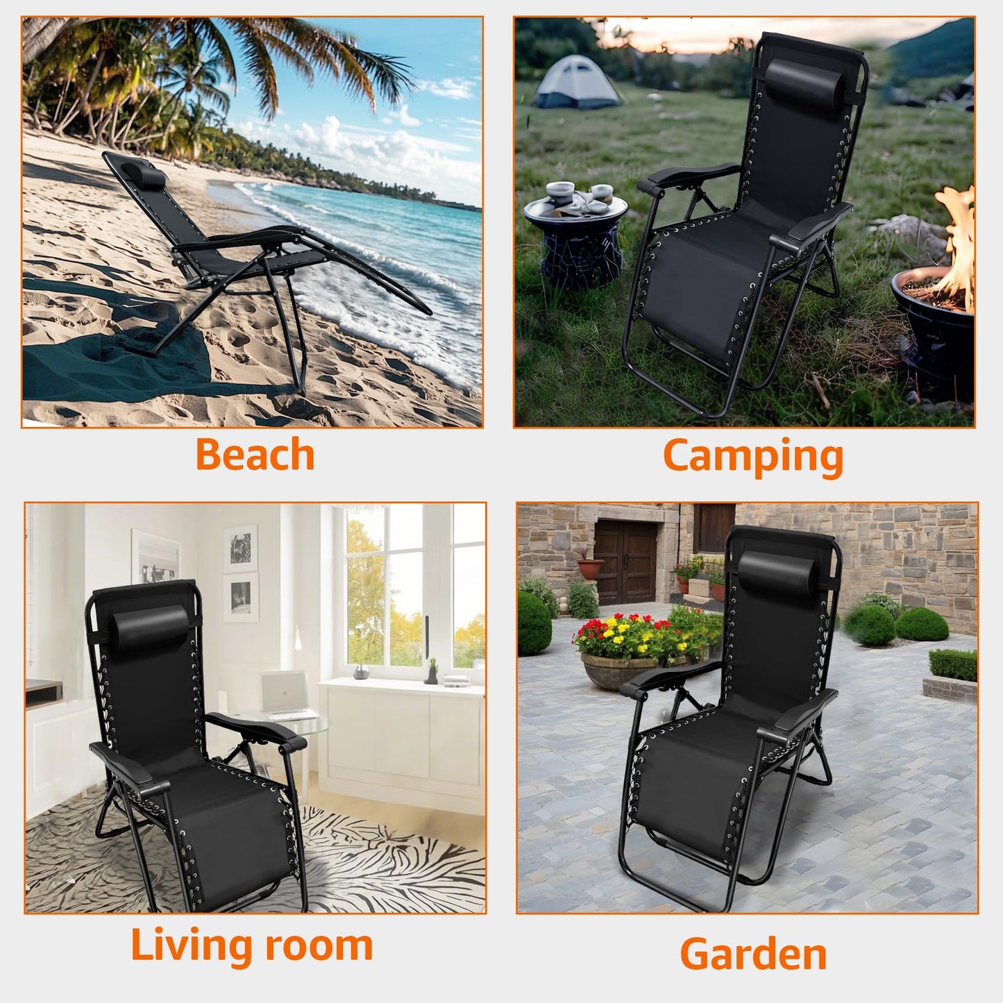 XYJBHB Zero Gravity Recliners Outdoor Adjustable Folding Reclining Lounge Chairs w/Pillows, Adjustable, Steel Frame, Black - Ideal for Patio Backyard Beach Black (2 Pack)