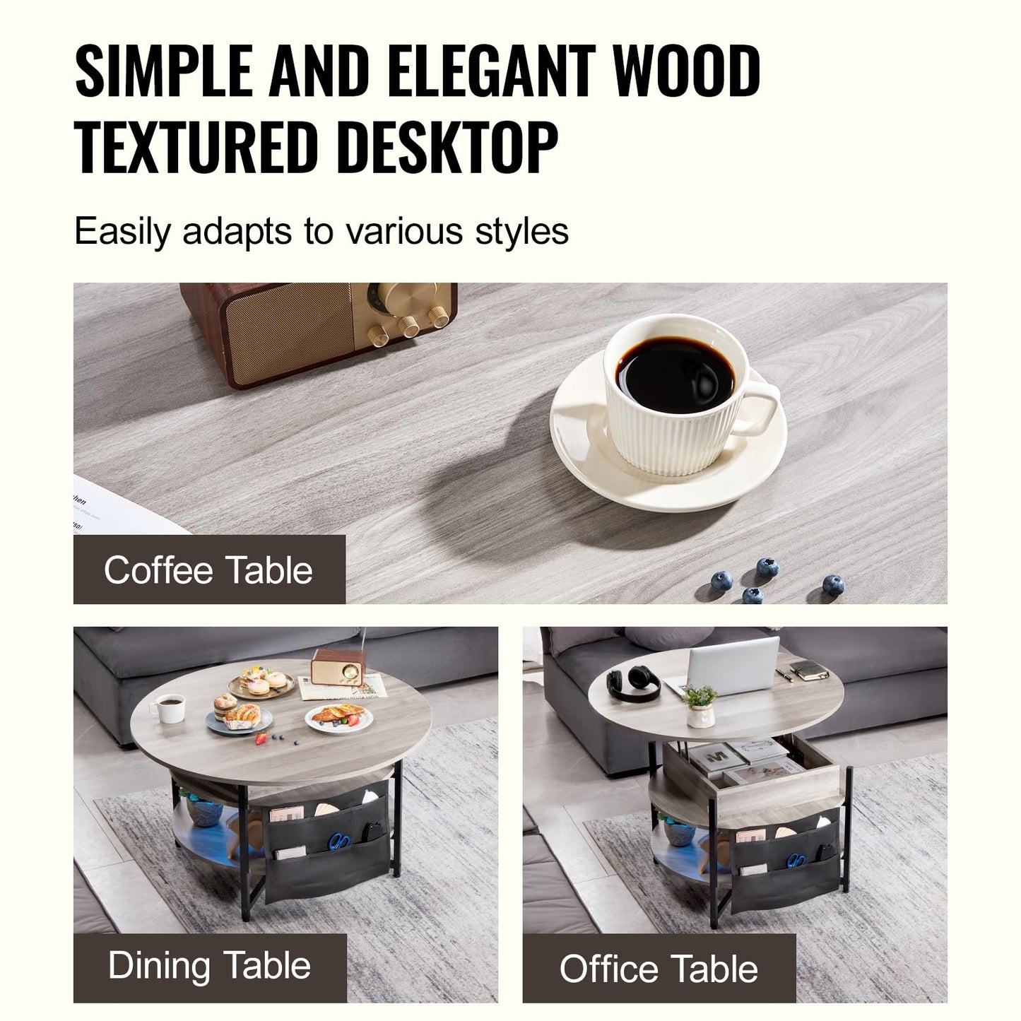 VEVOR Round Lift Top Coffee Table with LED Light, 35.43" Circle Coffee Table with Storage and Hidden Compartment, Farmhouse 2 Tier Large Dining Table for Living Room Reception Room, Wood, Gray