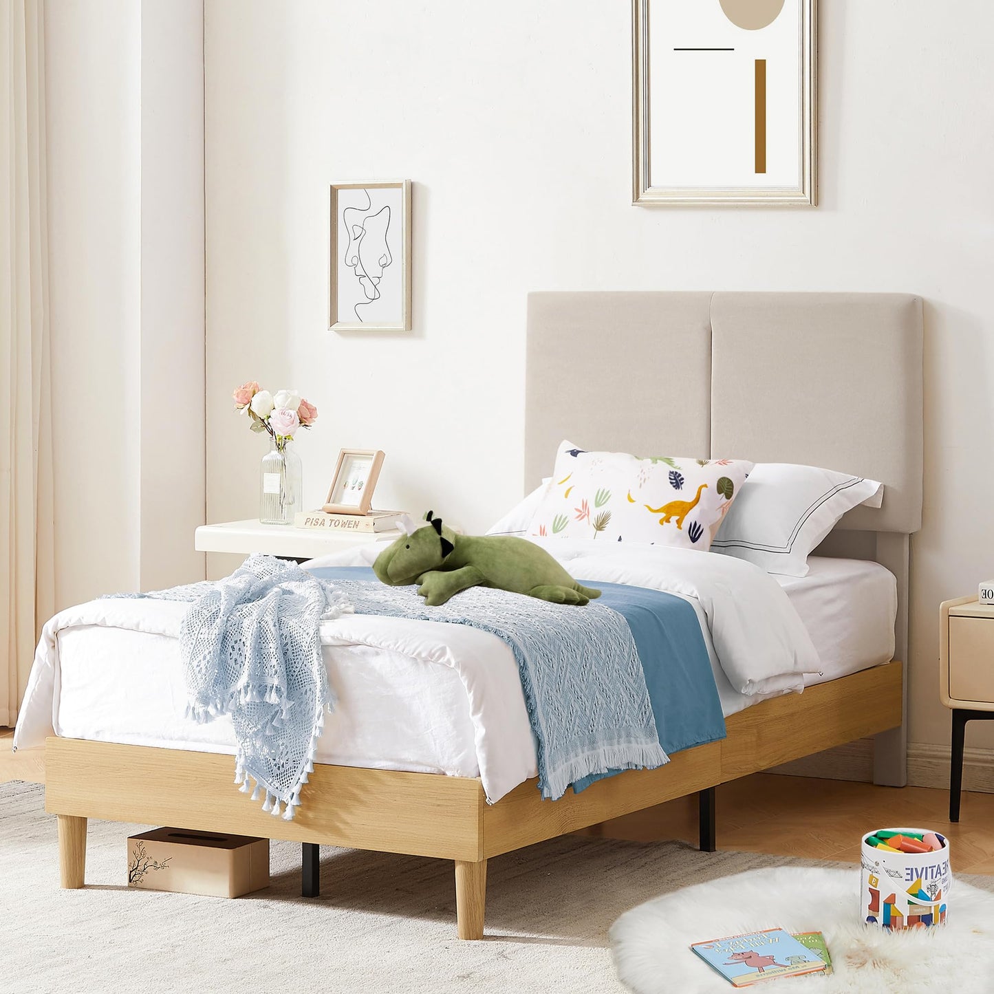 VECELO Twin Frame Upholstered Platform Height-Adjustable Cotton and Linen Headboard, Heavy Duty Wood Slats, 6" Under-Bed Space Noise-Free, No Box Spring Needed,Easy Assembly, Beige