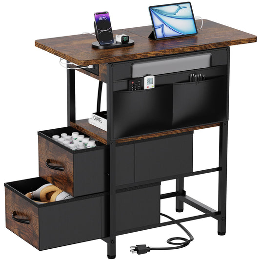 Yenlure Small Side Table with Charging Station, Narrow Nightstand Bedside Tables with Storage Pocket for Living Room Bedroom, Sofa End Table with USB Ports and Power Outlets for Small Spaces