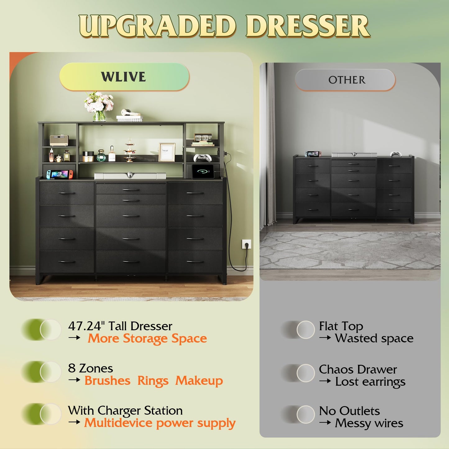 WLIVE 55" W Dresser for Bedroom with 15 Fabric Drawers & 5 Storage Shelves, Tall Black Dresser with Charging Station, Makeup Vanity Desk, Dressing Table, Chest of Drawers for Closet, Living Room