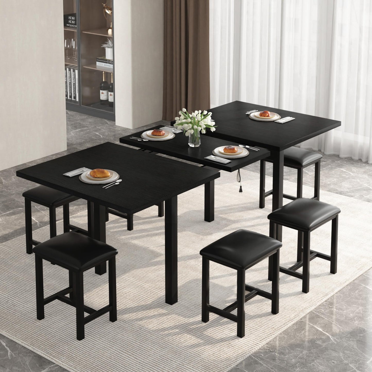 VECELO 7-Piece Dining Table Set with 6 Square Stools, 63" Expandable Kitchen Table with USB Charging & Metal Frame for 2/4/6, Wood Dinette Perfect for Small Spaces, Easy Assembly, Black